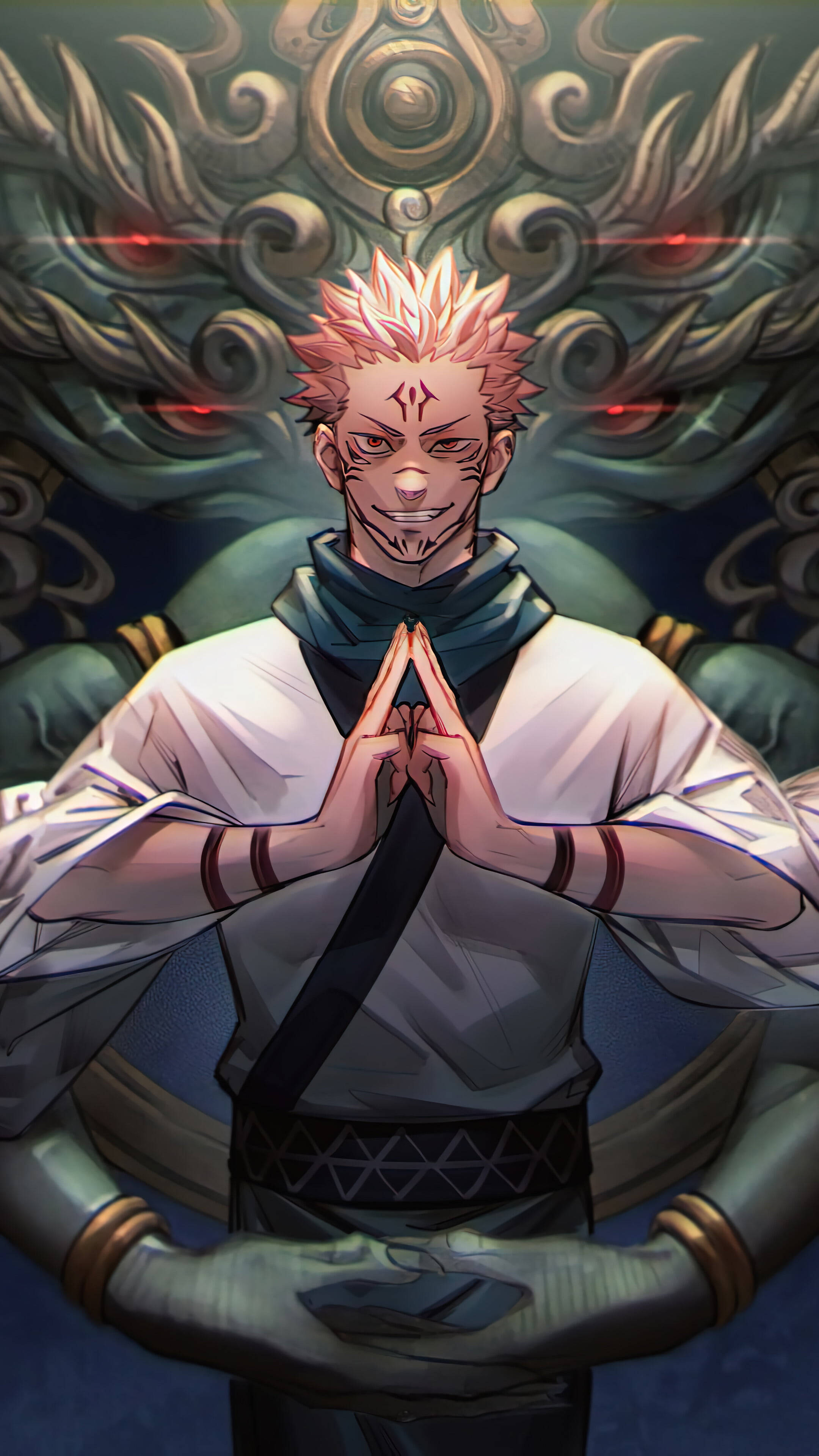 動漫惡魔 桌布 壁紙 — 一個頭髮尖刺、身穿白袍的動漫戰士站在一隻眼睛發紅光的巨龍面前。