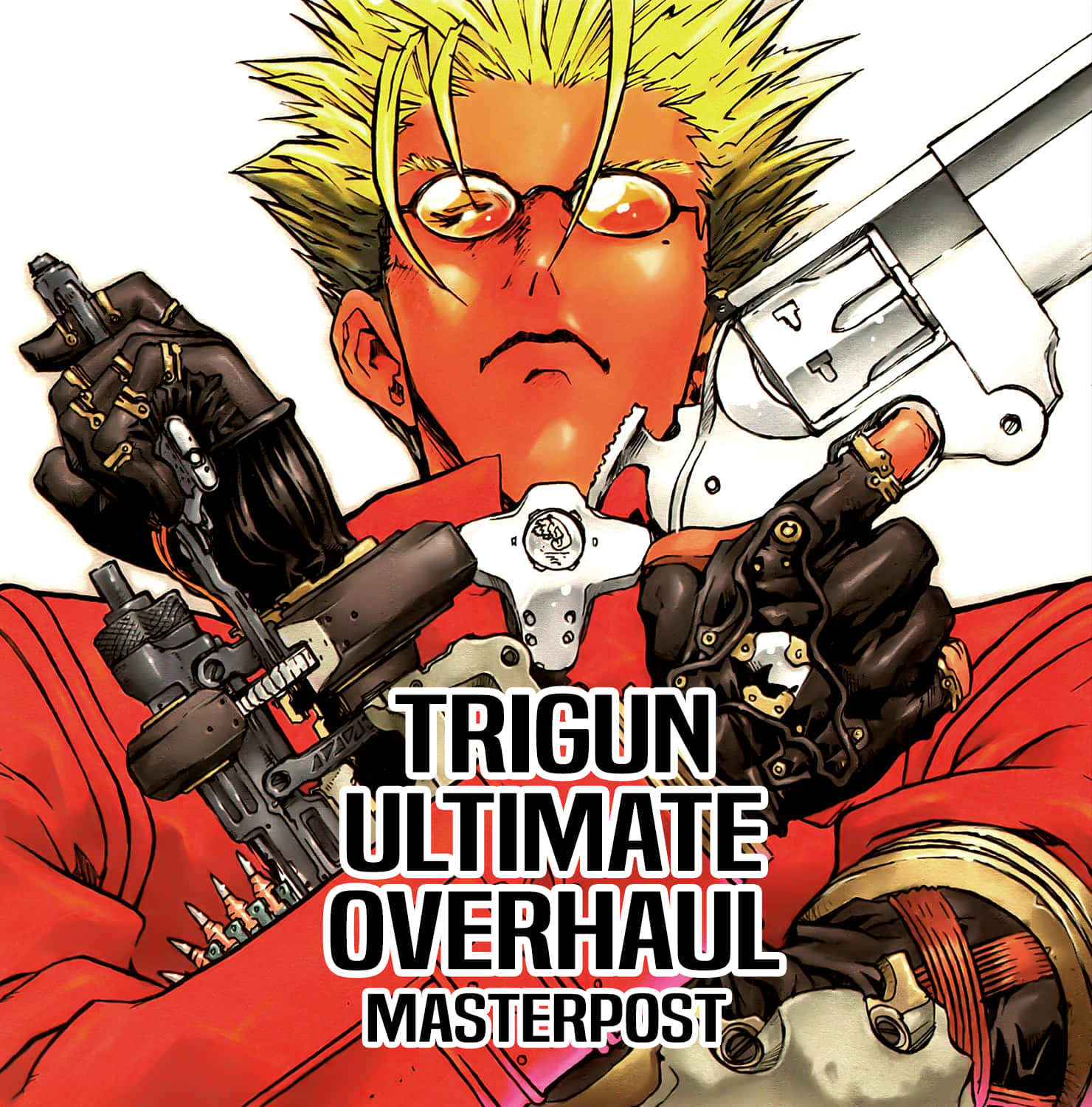Trigun 桌布 壁紙 — 一個頭髮尖刺、身穿紅色外套的動畫槍手，帶著強烈的眼神和機械手套，手持兩把手槍。