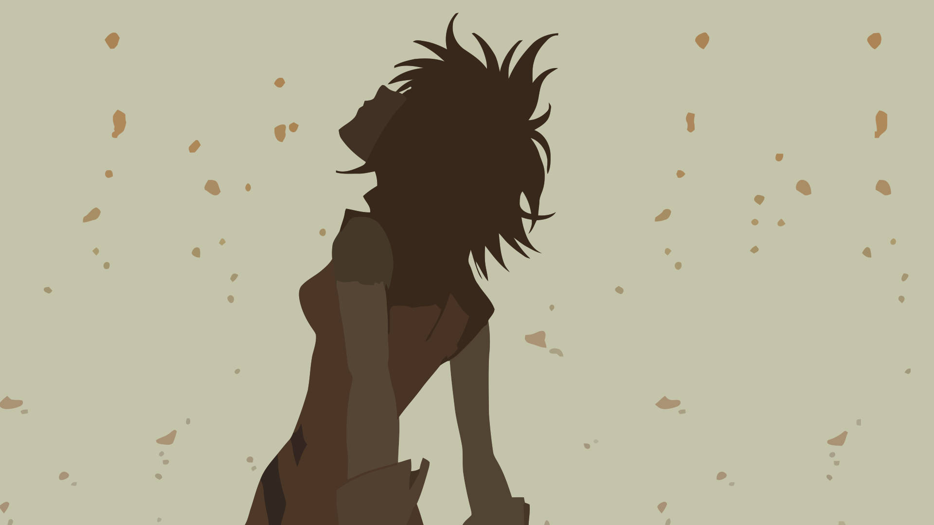 Flcl 桌布 壁紙 — 一個頭髮尖刺的人的剪影，向上看，背景是米色，有散落的棕色斑點。