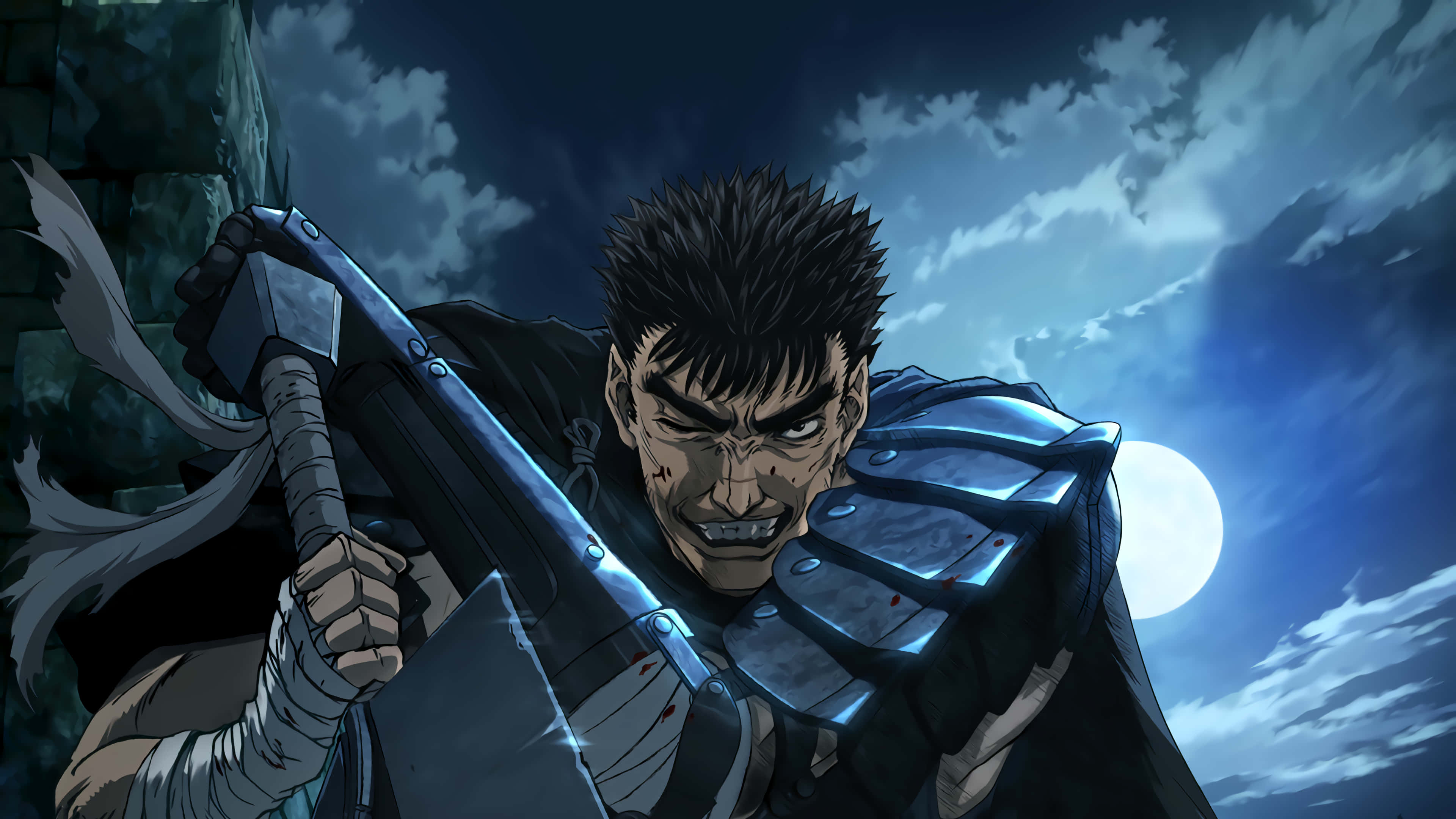 Berserk Armor 桌布 壁紙 — 一個頭髮尖刺的兇猛動漫戰士，在滿月下、暴風雨夜空中握著一把巨大的斧頭。