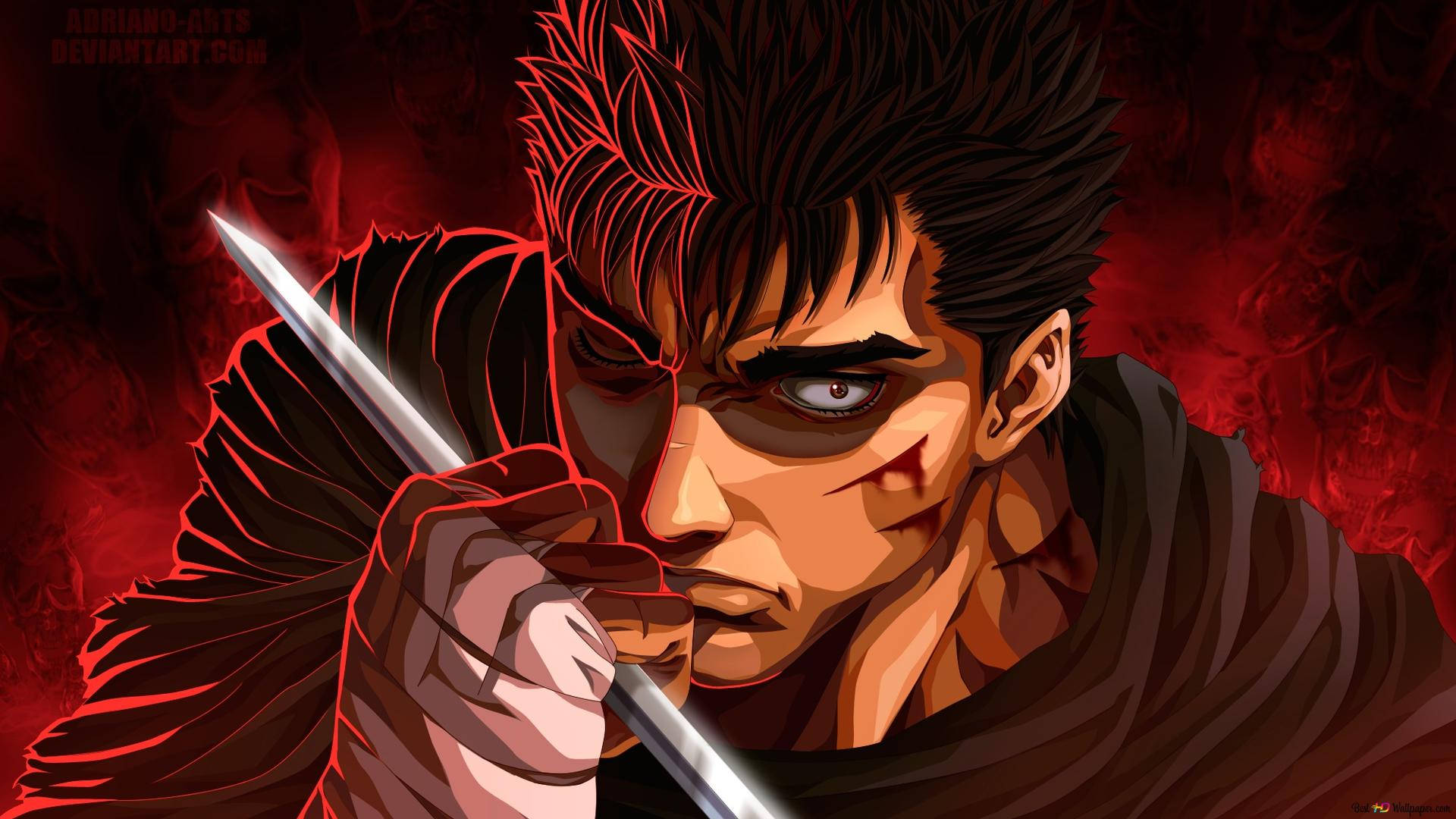 Berserk Guts 桌布 壁紙 — 一個頭髮尖刺的兇猛動漫戰士，在血紅色背景上握著一把閃閃發光的劍，背景有骷髏頭。
