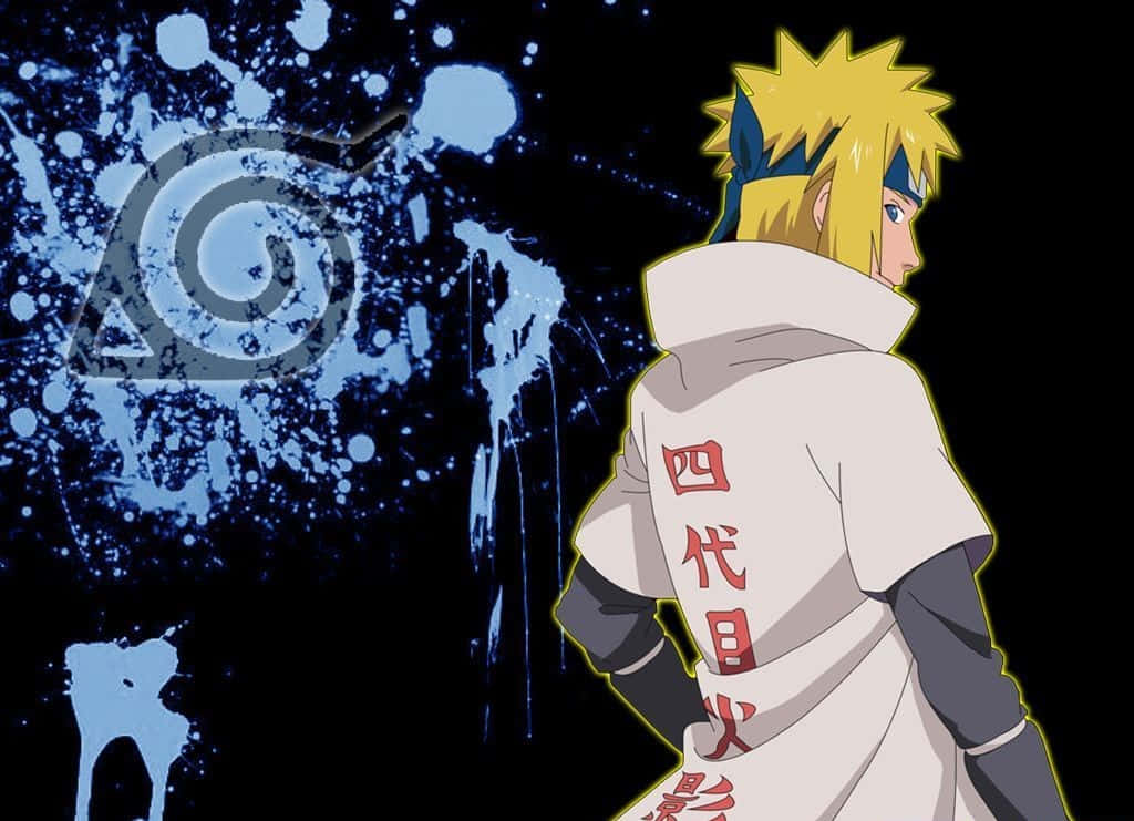 Fourth Hokage 桌布 壁紙 — 一個頭髮尖刺的動漫忍者，身穿帶有紅色漢字的白色斗篷，站在帶有藍色飛濺和旋轉符號的深色背景前。