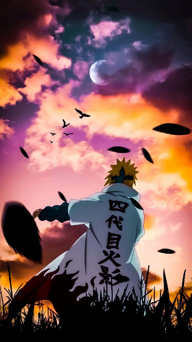 桌布 壁紙 — 一個頭髮尖刺的動漫忍者穿著白色斗篷，在火紅的夕陽天空襯托下形成剪影，天空有新月和飛舞的樹葉。