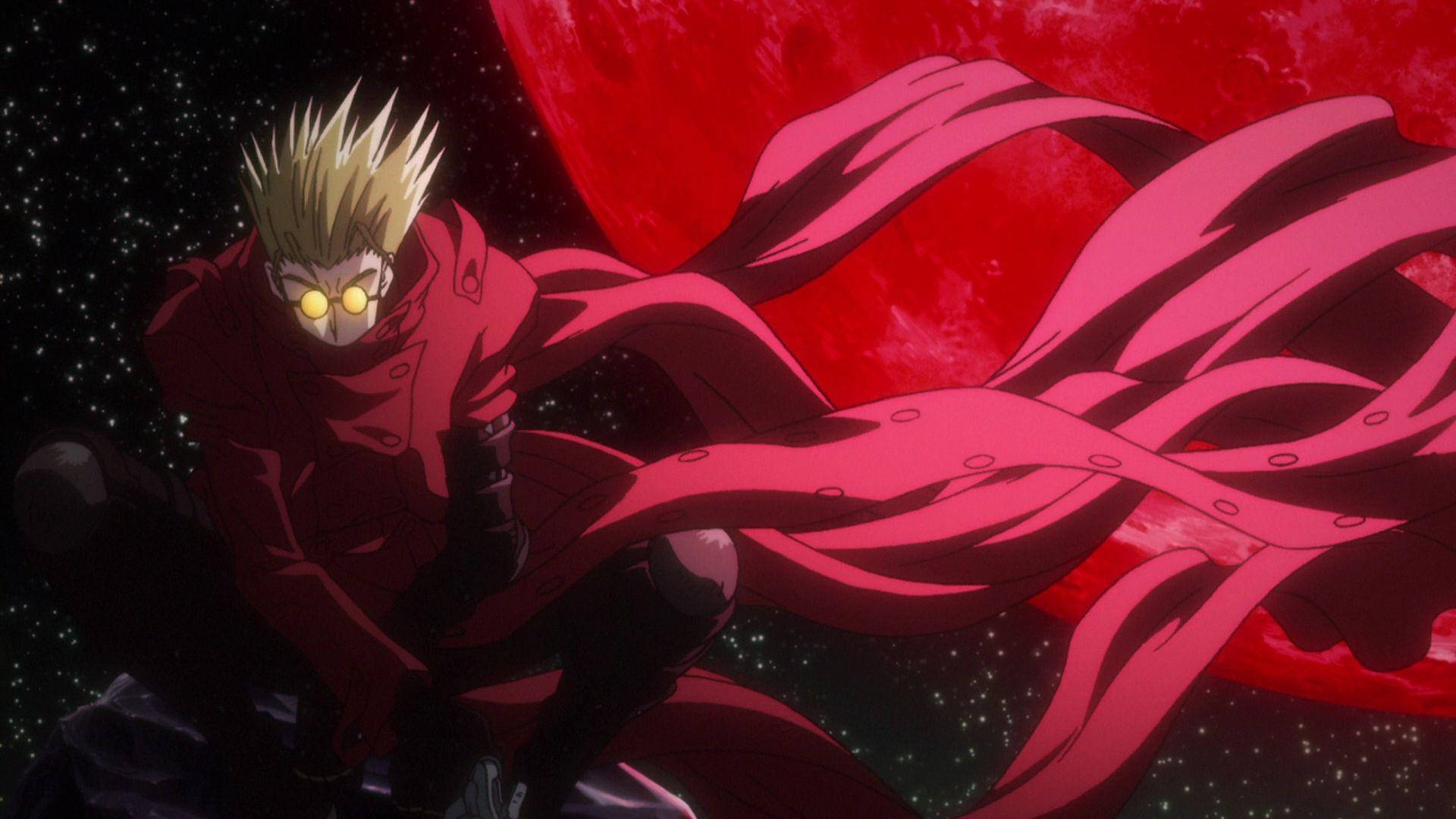 Trigun 桌布 壁紙 — 一個頭髮尖刺的動漫戰士，身穿飄逸的紅色外套，挑釁地站在血紅色的月亮和星空夜空前。