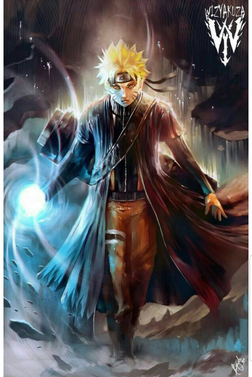 螺旋丸 桌布 壁紙 — 一個頭髮尖刺的動漫戰士，身穿黑色斗篷，在風暴中的岩石戰場上引導發光的藍色查克拉。
