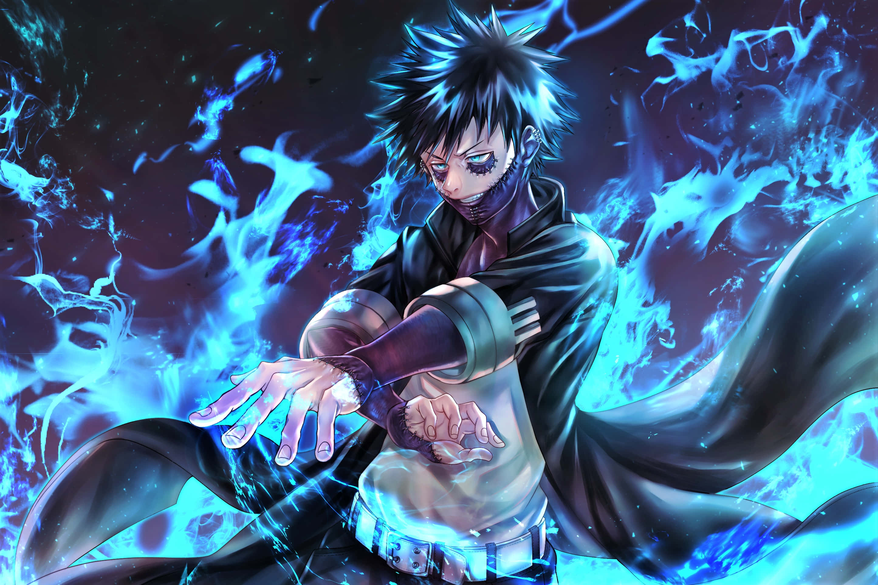Dabi Boku No Hero 桌布 壁紙 — 一個頭髮尖刺的動漫戰士，身穿黑色斗篷，在宇宙背景下專注地引導發光的藍色能量。