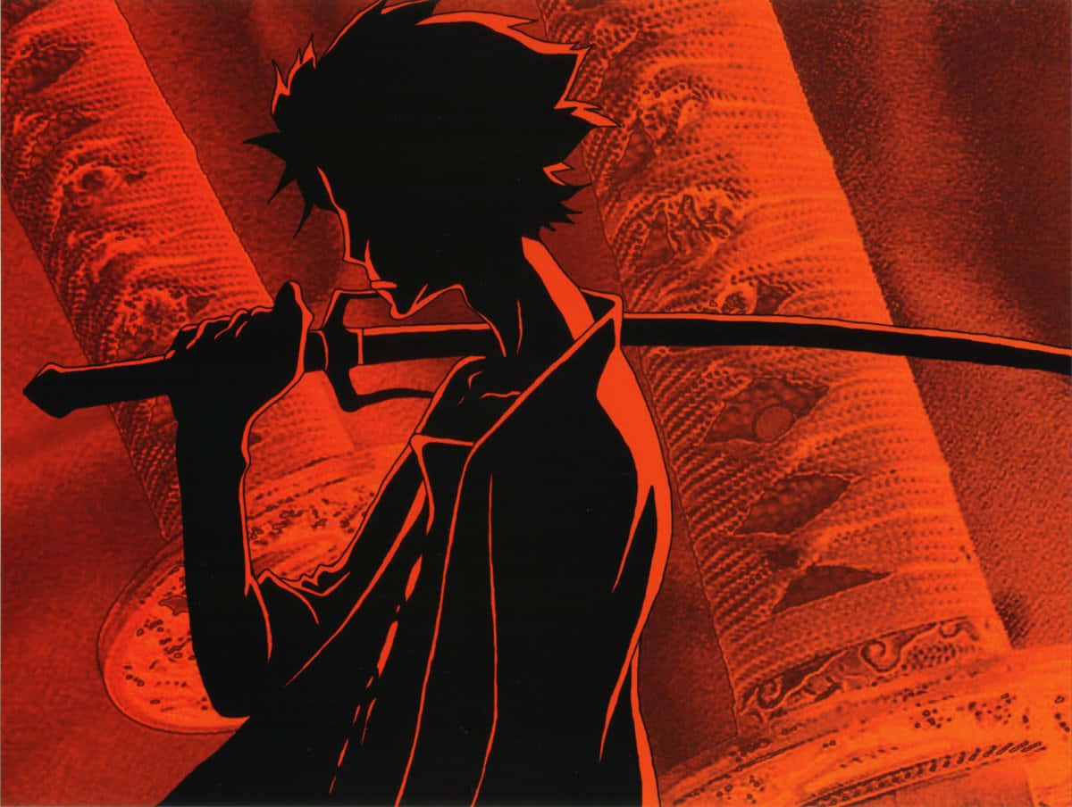 混沌武士 桌布 壁紙 — 一個頭髮尖刺的動漫戰士的黑色剪影，在帶有紋理的紅橙色背景上握著一把武士刀。