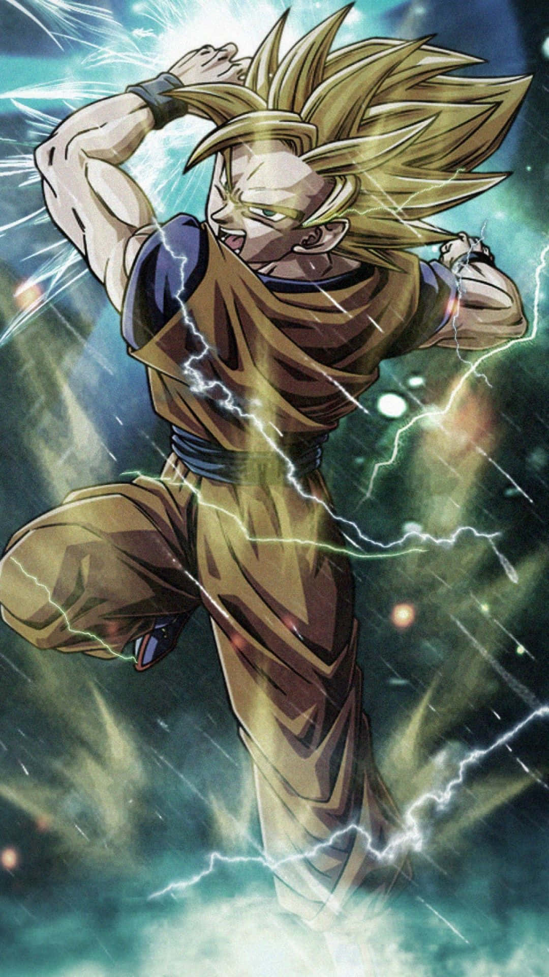 Dragon Ball Z Phone 桌布 壁紙 — 一個頭髮尖刺的動漫戰士穿著棕色道服，在暴風雨般的青綠色背景上以動態戰鬥姿勢釋放電能。