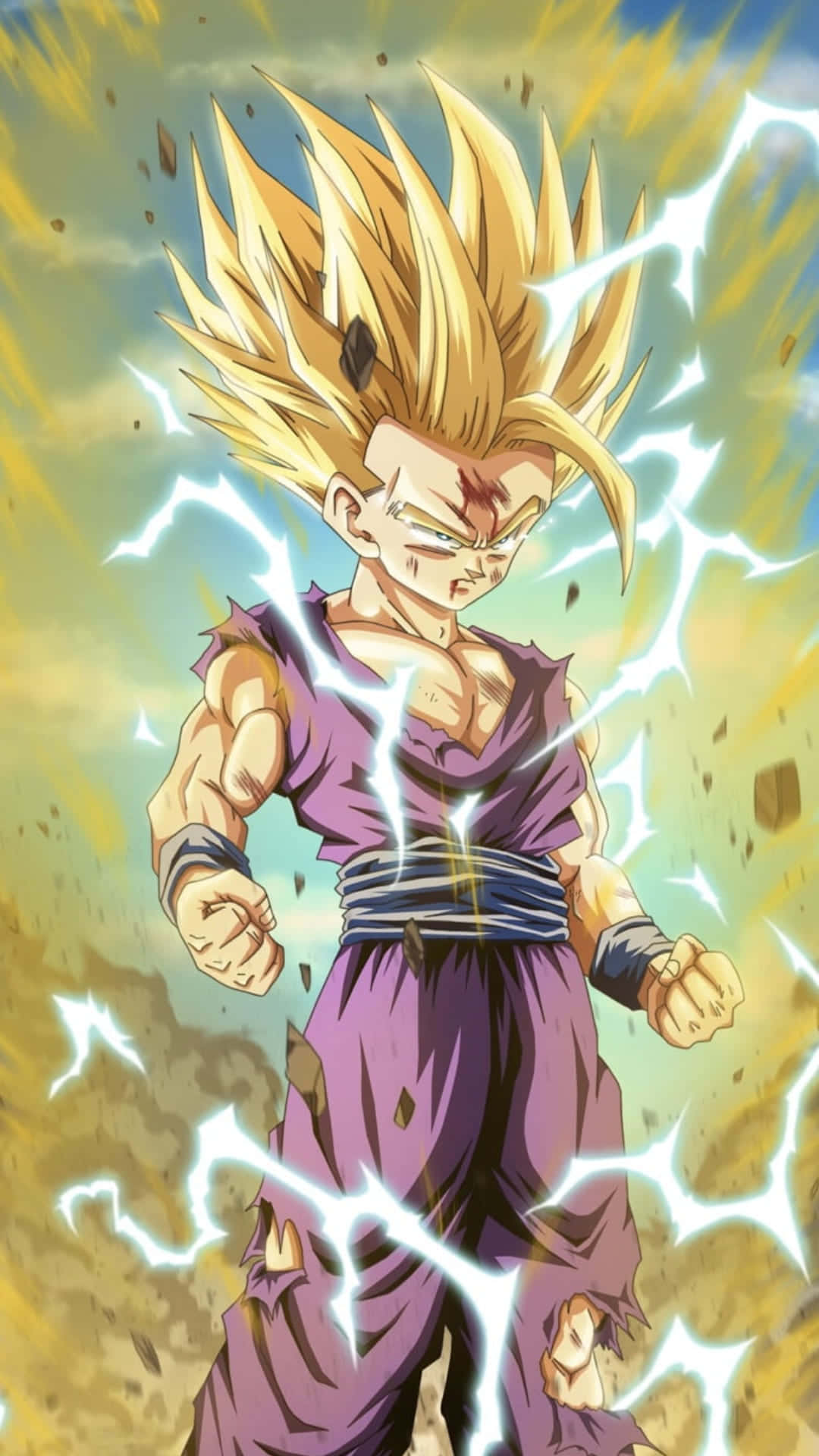 Teen Gohan 桌布 壁紙 — 一個頭髮尖刺的動漫戰士穿著紫色道服，在暴風雨的天空下散發出閃電能量。