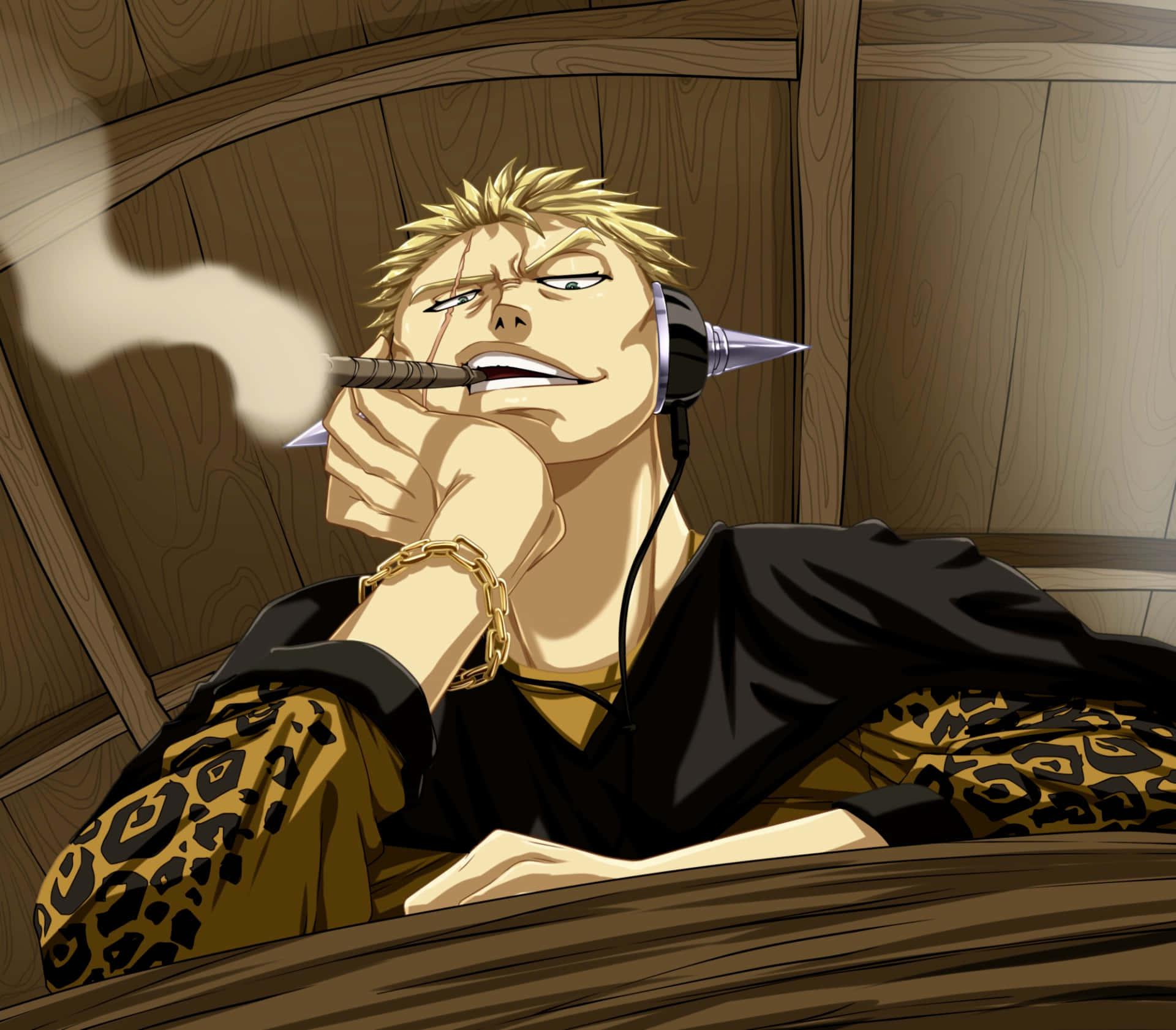 Laxus Dreyar 桌布 壁紙 — 一個頭髮尖刺的動漫男人在木屋內戴著耳機抽煙。