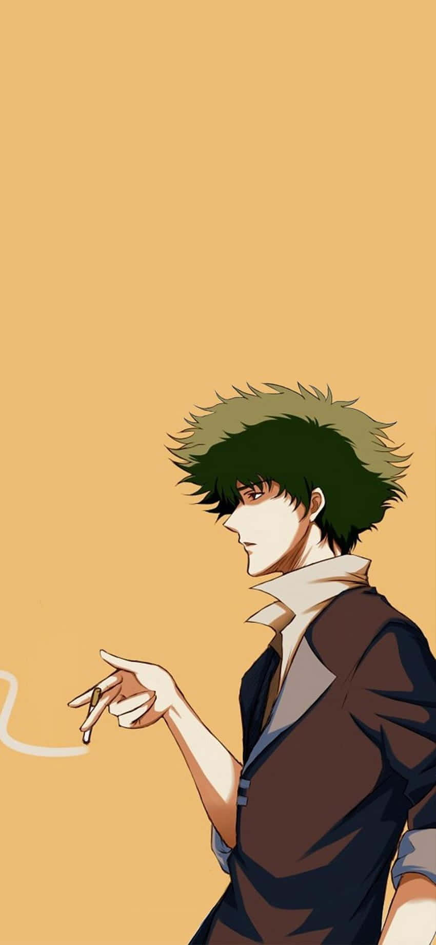 桌布 壁紙 — 一個頭髮尖刺的動漫男人穿著棕色西裝，在純芥末黃色背景前抽煙。