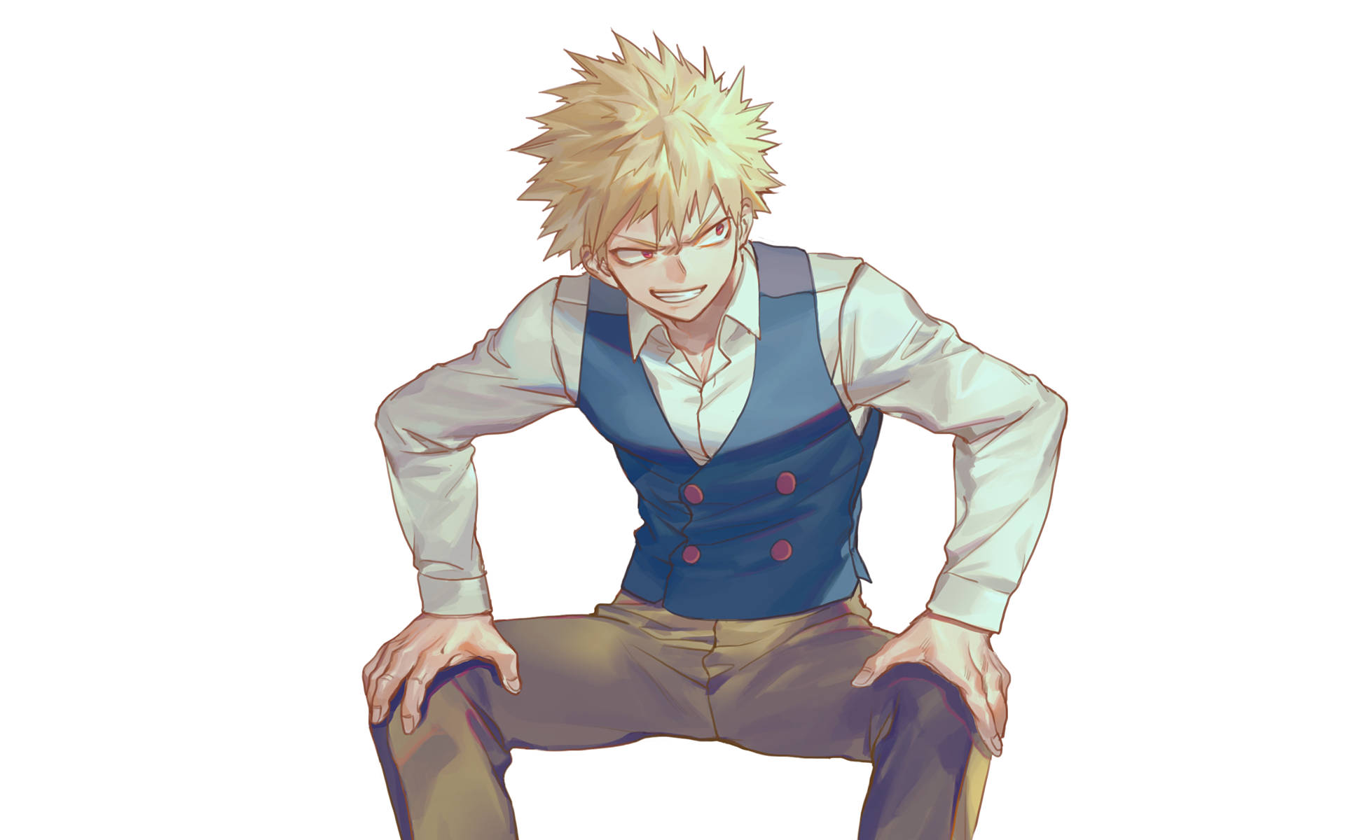 Bakugo 桌布 壁紙 — 一個頭髮尖刺的動漫男孩，穿著藍色背心和白色襯衫，在純白色背景前蹲下，露出自信的笑容。