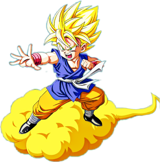 kid goku 桌布 壁紙 — 一個頭髮尖刺的動漫男孩，穿著藍色和橙色服裝，騎著黃色雲朵，表情強烈。
