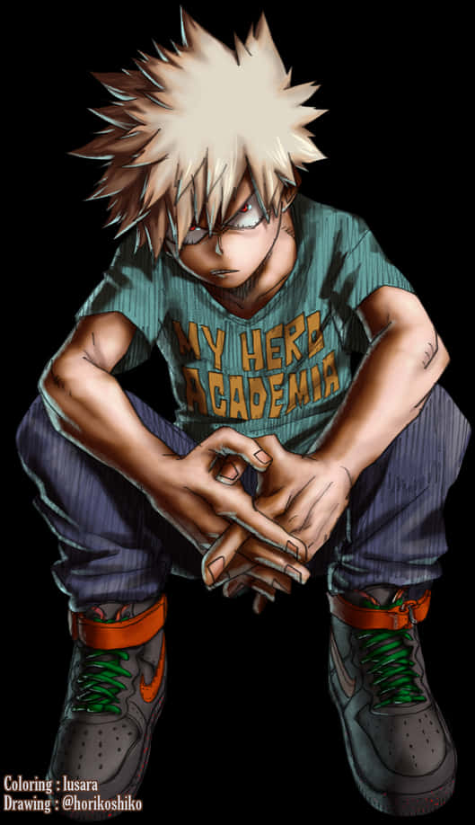 爆豪 桌布 壁紙 — 一個頭髮尖刺的動漫男孩穿著My Hero Academia襯衫，雙手合十，彎腰坐在黑色背景前。