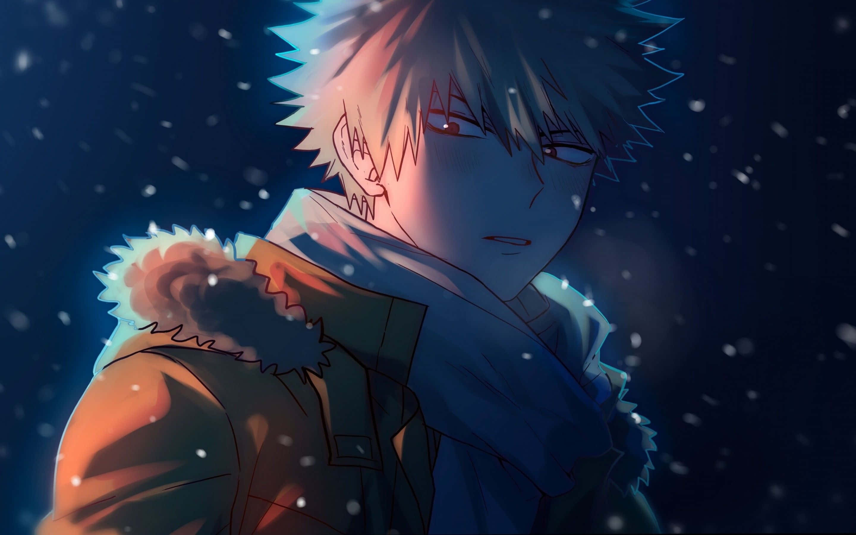 Bakugo 桌布 壁紙 — 一個頭髮尖刺的動漫男孩穿著冬季外套，在深藍色夜空下，表情嚴肅地站在飄雪中。