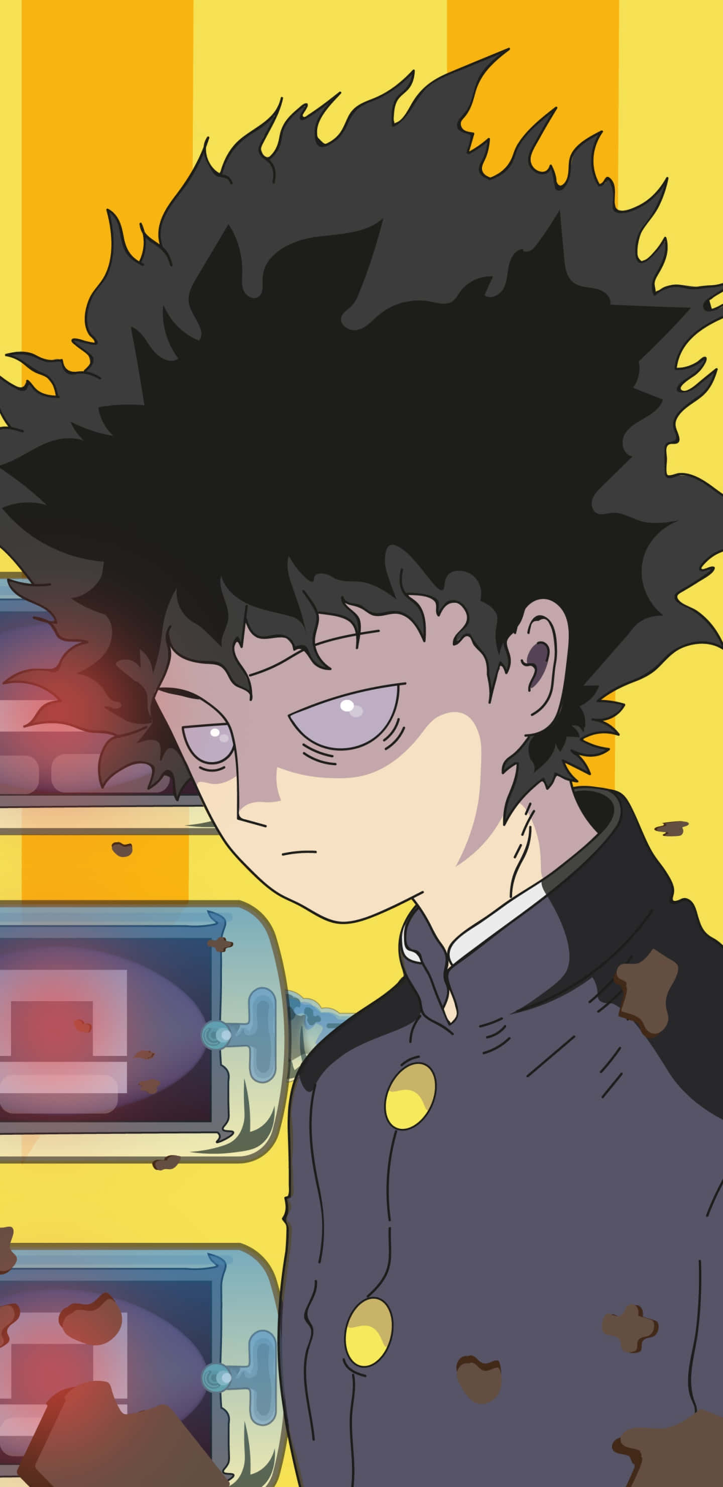 動漫 桌布 壁紙 — 一個頭髮尖刺的動漫男孩穿著深色外套，站在充滿活力的黃色條紋背景前，周圍有發光的螢幕。
