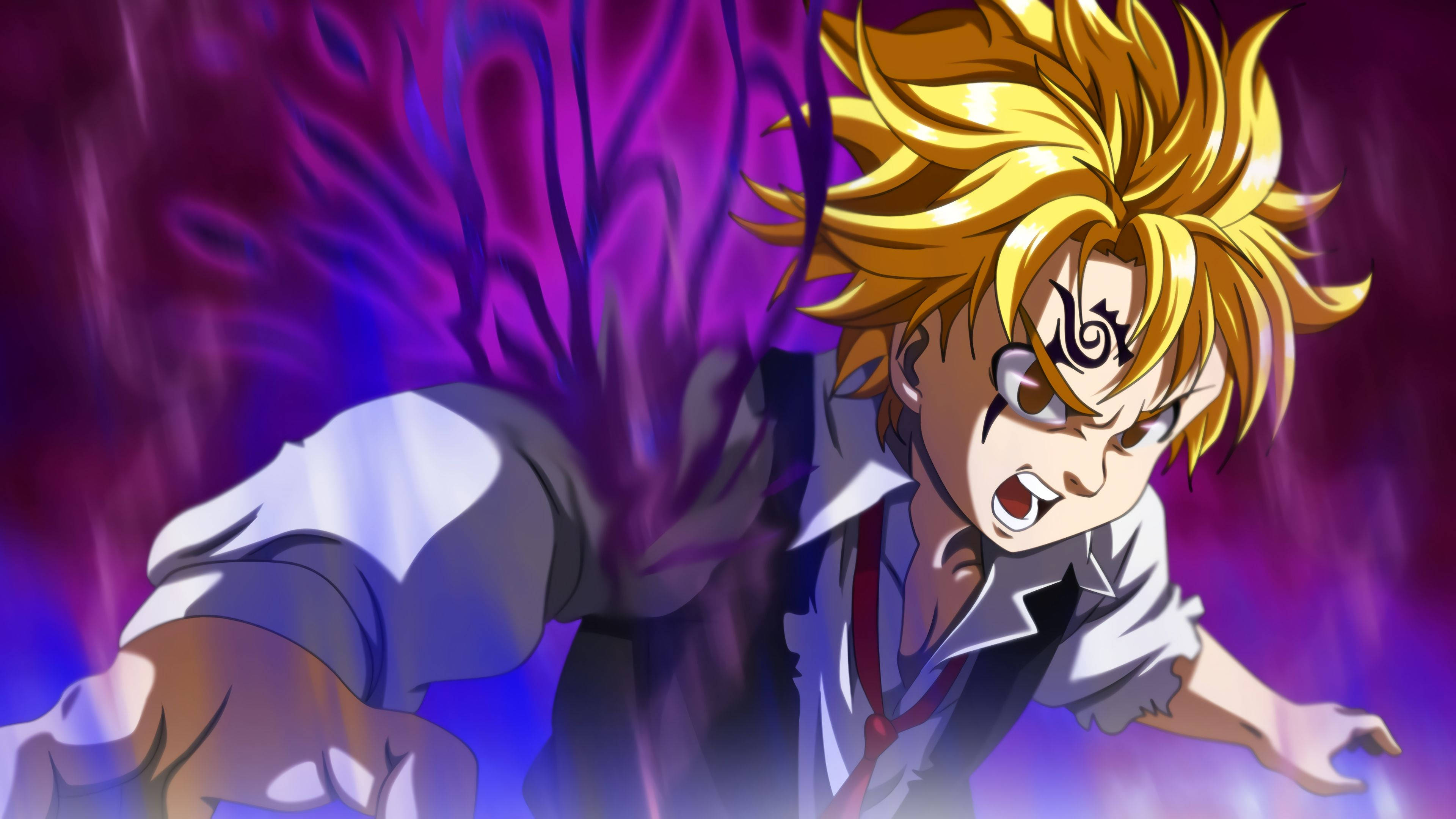 Meliodas 桌布 壁紙 — 一個頭髮尖刺的動漫男孩穿著白襯衫，咆哮著釋放出強烈的能量，紫色藤蔓在他身後旋轉。
