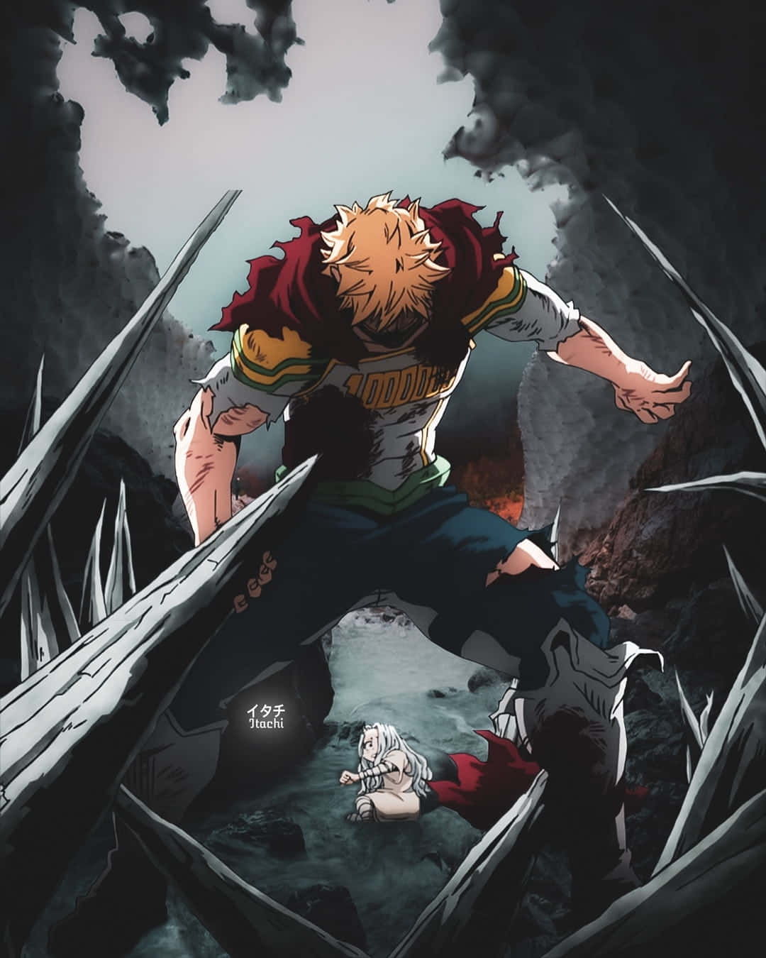 歐爾麥特 桌布 壁紙 — 一個頭髮尖刺的動漫英雄，穿著破爛的紅色斗篷，跳過破碎的石頭，越過一個白色頭髮的小人物，在一個黑暗、煙霧瀰漫的洞穴中。