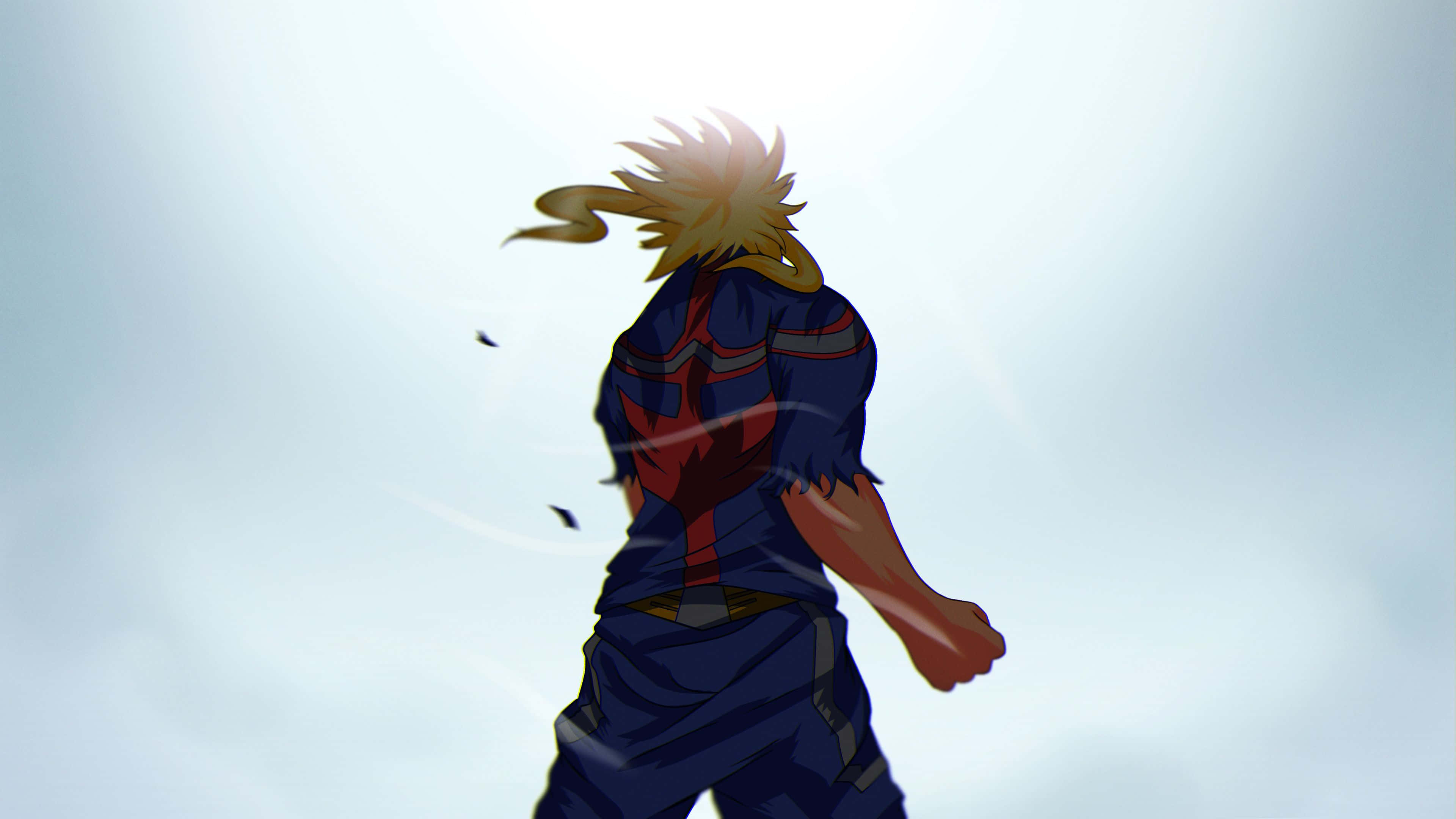 My Hero Academia Anime 桌布 壁紙 — 一個頭髮尖刺的動漫英雄，身穿藍紅相間的套裝，在明亮的天空下迎風奔跑。
