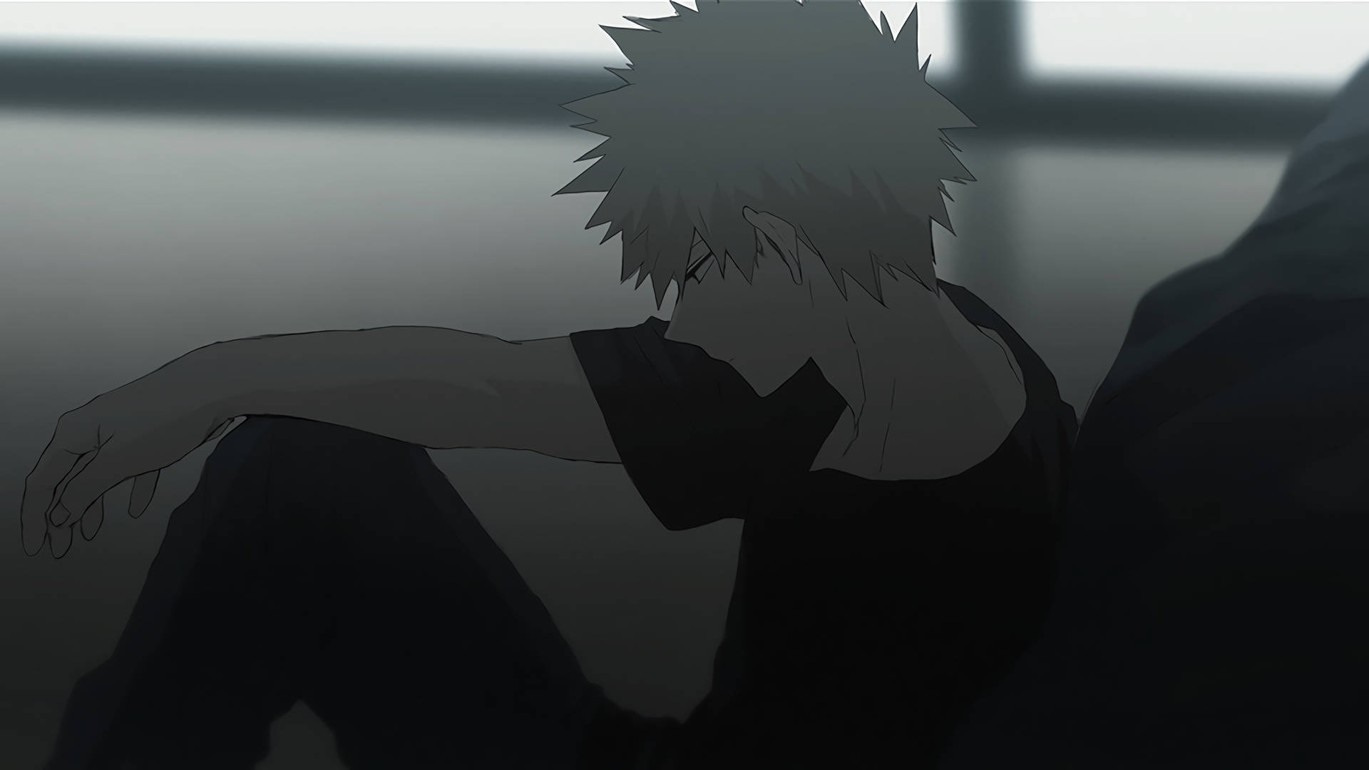 Bakugo 桌布 壁紙 — 一個頭髮尖刺的動漫角色，在陰影寂靜中癱坐，雙臂垂在膝上，姿態憂鬱。