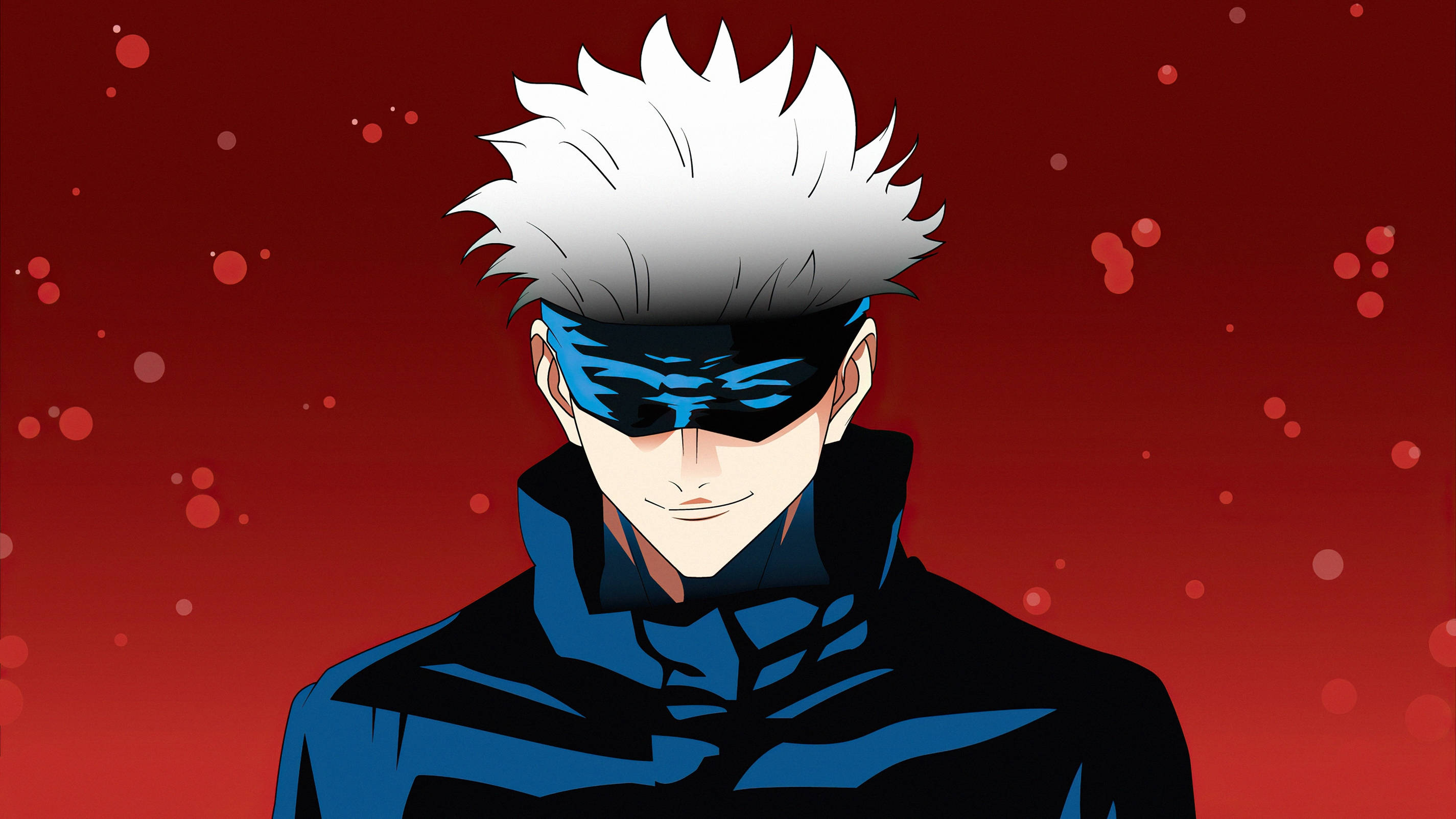 Jujutsu Kaisen Desktop 桌布 壁紙 — 一個頭髮尖刺的動漫角色，戴著藍色面具和深色外套，站在充滿活力的紅色背景前，背景中有漂浮的球體。