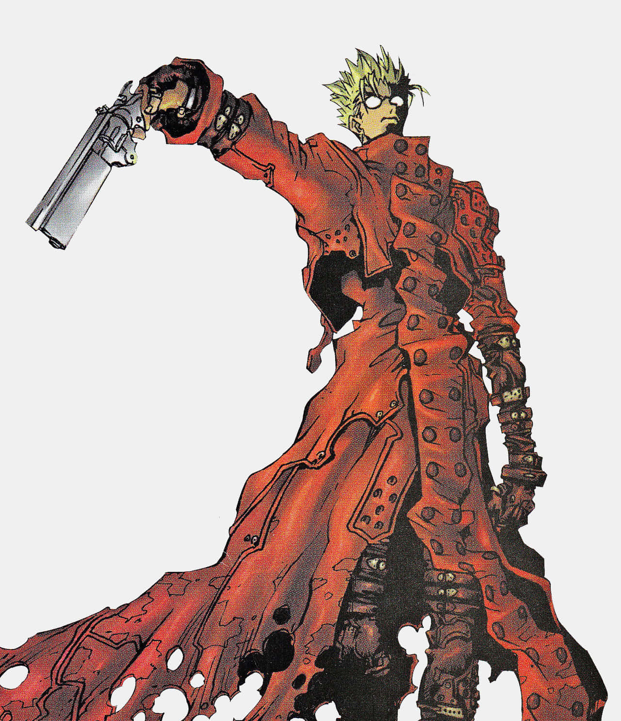 Vash The Stampede 桌布 壁紙 — 一個頭髮尖刺的動漫角色，身穿破爛紅色外套，在純色背景前瞄準一把銀色左輪手槍。