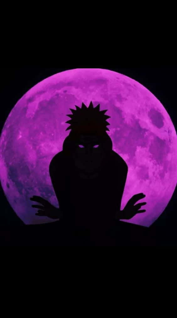 Purple Sasuke 桌布 壁紙 — 一個頭髮尖刺的動漫角色剪影，在發光的紫色滿月前冥想。