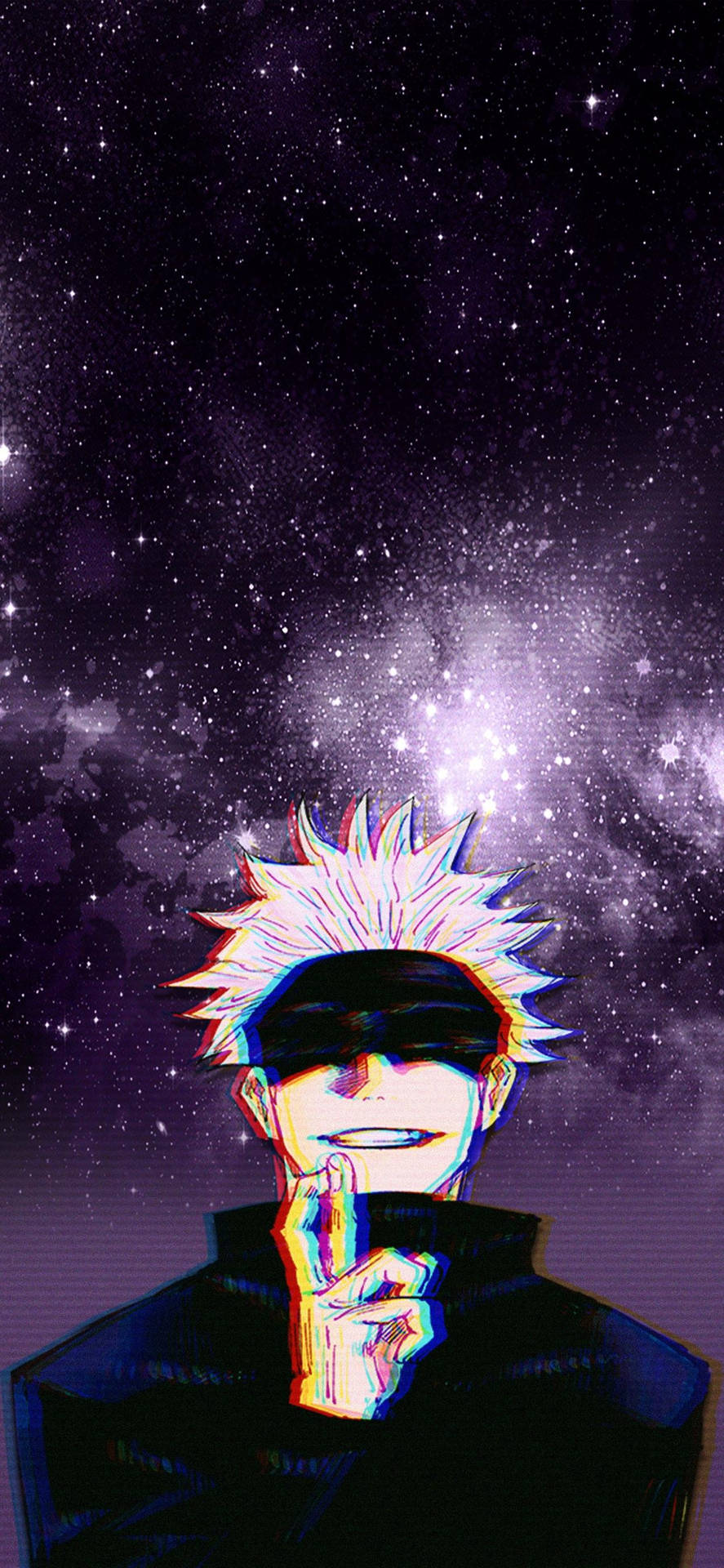 頭髮尖刺的動漫角色戴著眼罩，在星空紫色銀河背景下微笑。 — 五條悟 GIF 壁紙
