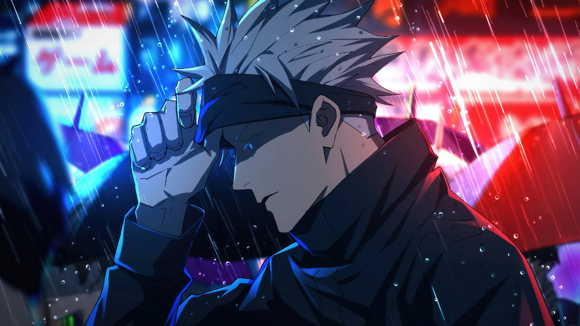 Jujutsu Kaisen Desktop 桌布 壁紙 — 一個頭髮尖刺的動漫角色穿著深色外套，在霓虹燈下站在雨中，手舉到額頭。