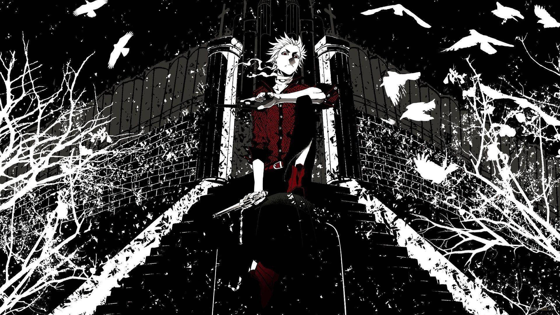 Edgy 桌布 壁紙 — 一個頭髮尖刺的動漫角色穿著紅色外套，坐在被光禿樹木和飛鳥環繞的樓梯頂端，背景是純黑色。