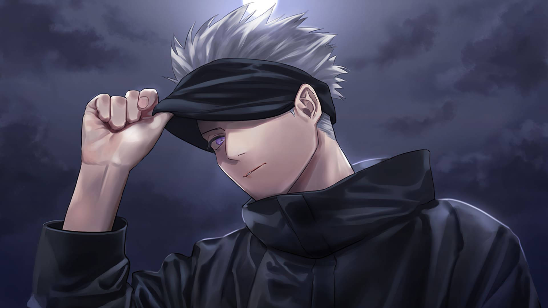 Jujutsu Kaisen Desktop 桌布 壁紙 — 一個頭髮尖刺的動漫角色穿著黑色斗篷，掀起眼罩，在暴風雨的天空下露出一隻紫色的眼睛。