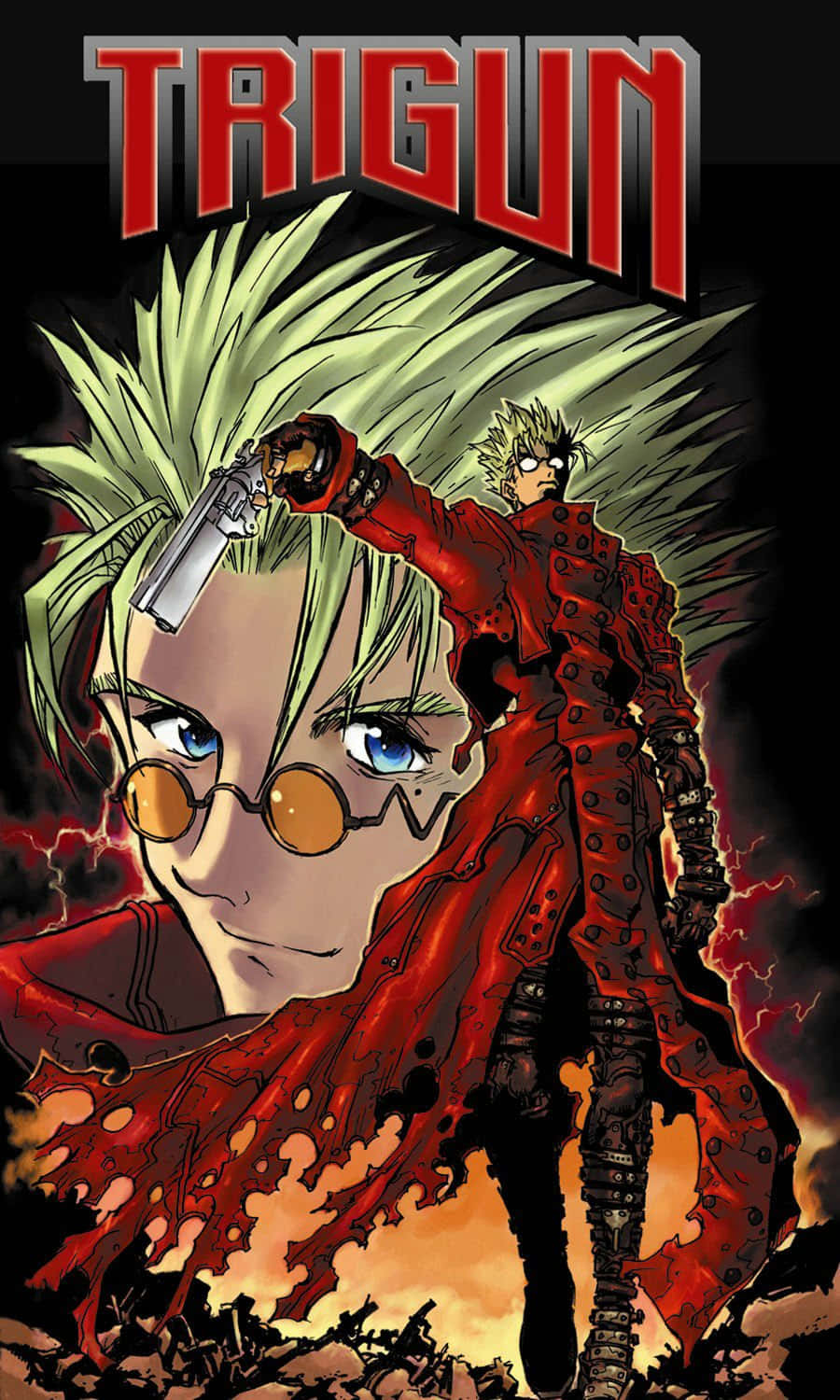 Trigun 桌布 壁紙 — 一個頭髮尖刺的動畫槍手，身穿紅色外套，在『TRIGUN』標題下，對準火熱背景瞄準手槍。