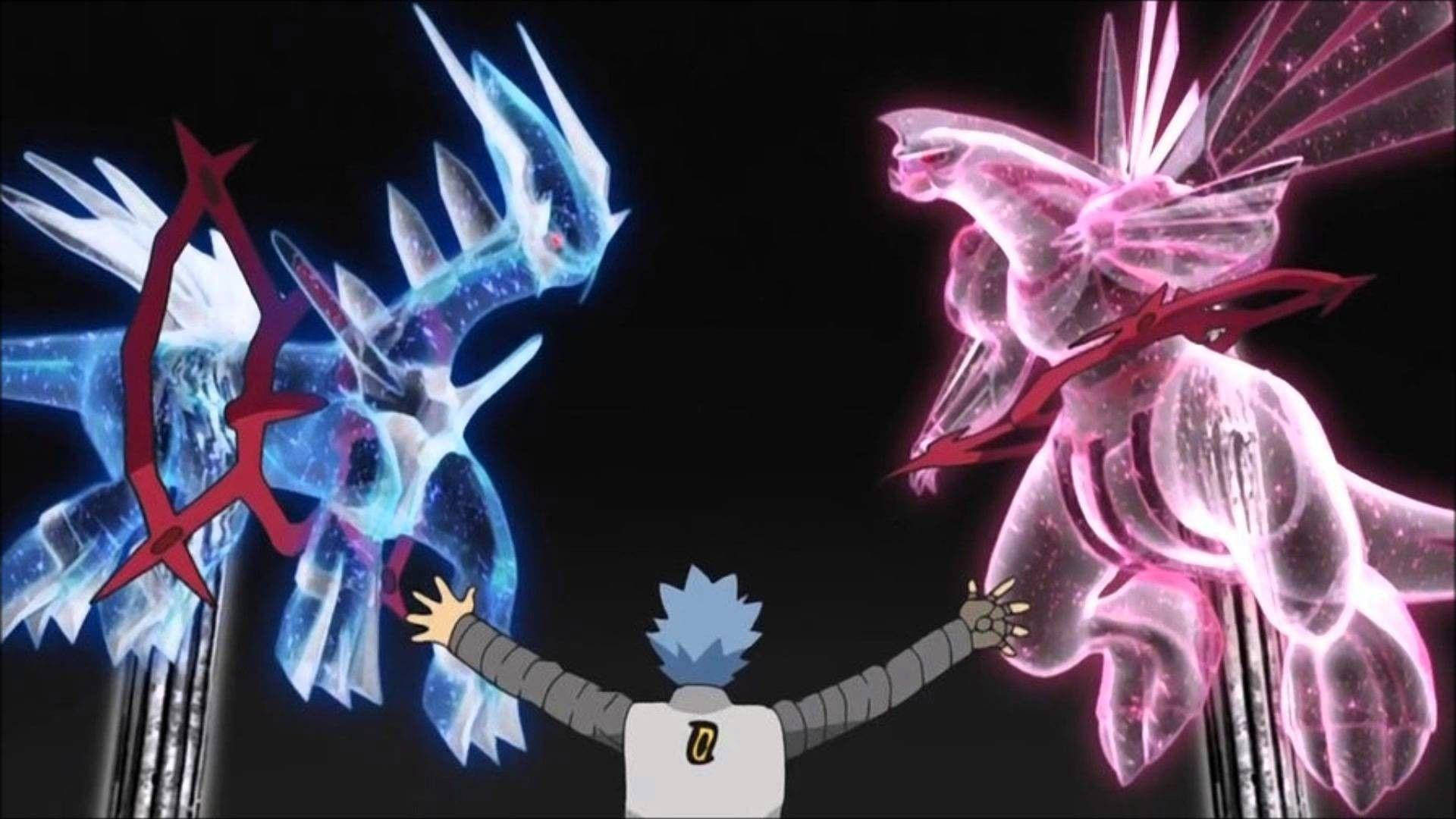 Dialga 桌布 壁紙 — 一個頭髮尖刺的角色站在兩個發光的神話生物之間，一個藍色一個粉紅色，背景是深色。