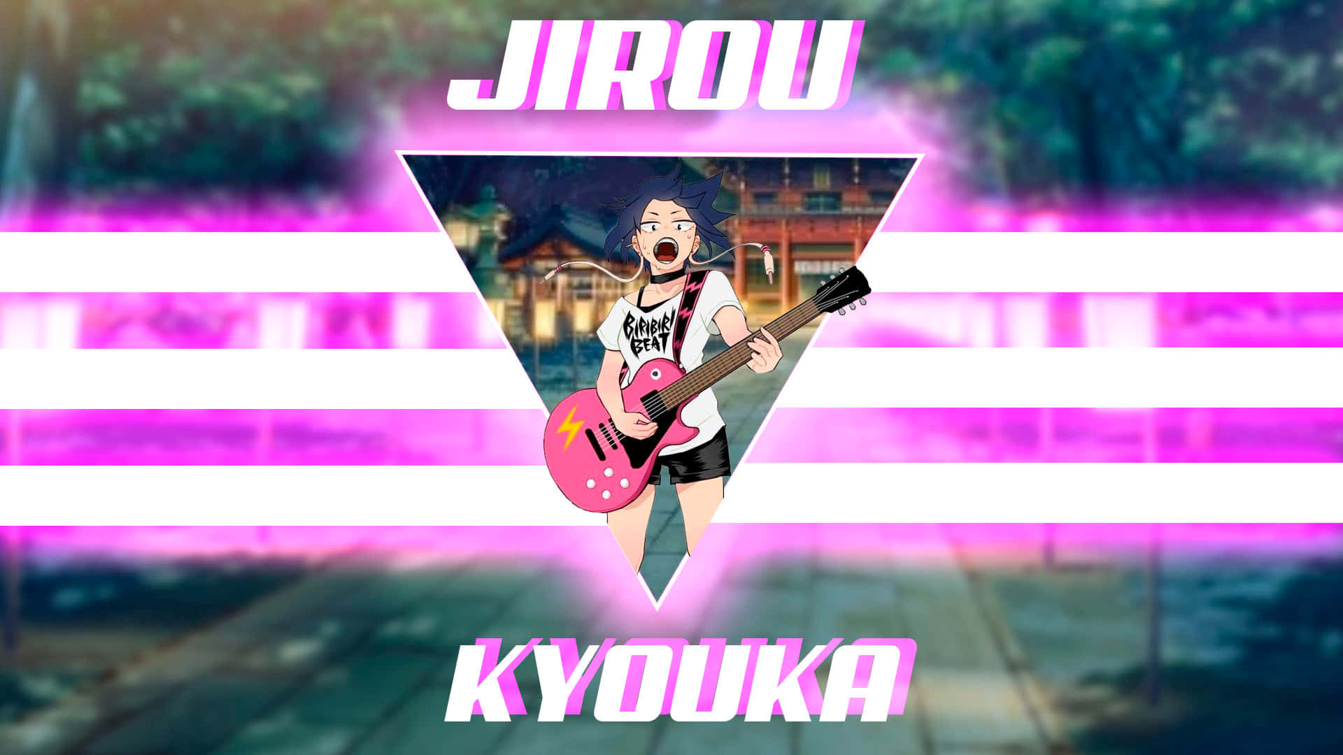 Kyoka Jiro 桌布 壁紙 — 一個頭髮尖尖的動漫女孩在模糊的神社背景下，在霓虹粉紅條紋下彈奏粉紅色電吉他。