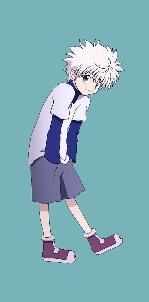 動漫男孩 桌布 壁紙 — 一個頭髮尖尖的動漫男孩，穿著白色襯衫、藍色背心和紫色短褲，在純青色背景上行走。