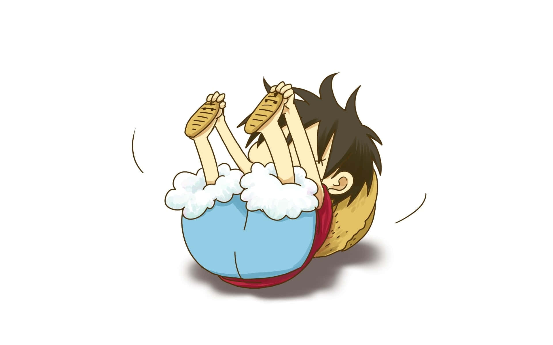 Q版動漫 桌布 壁紙 — 一個頭髮尖尖的卡通男孩倒立在泡泡浴中，雙腳抬起，表情頑皮。
