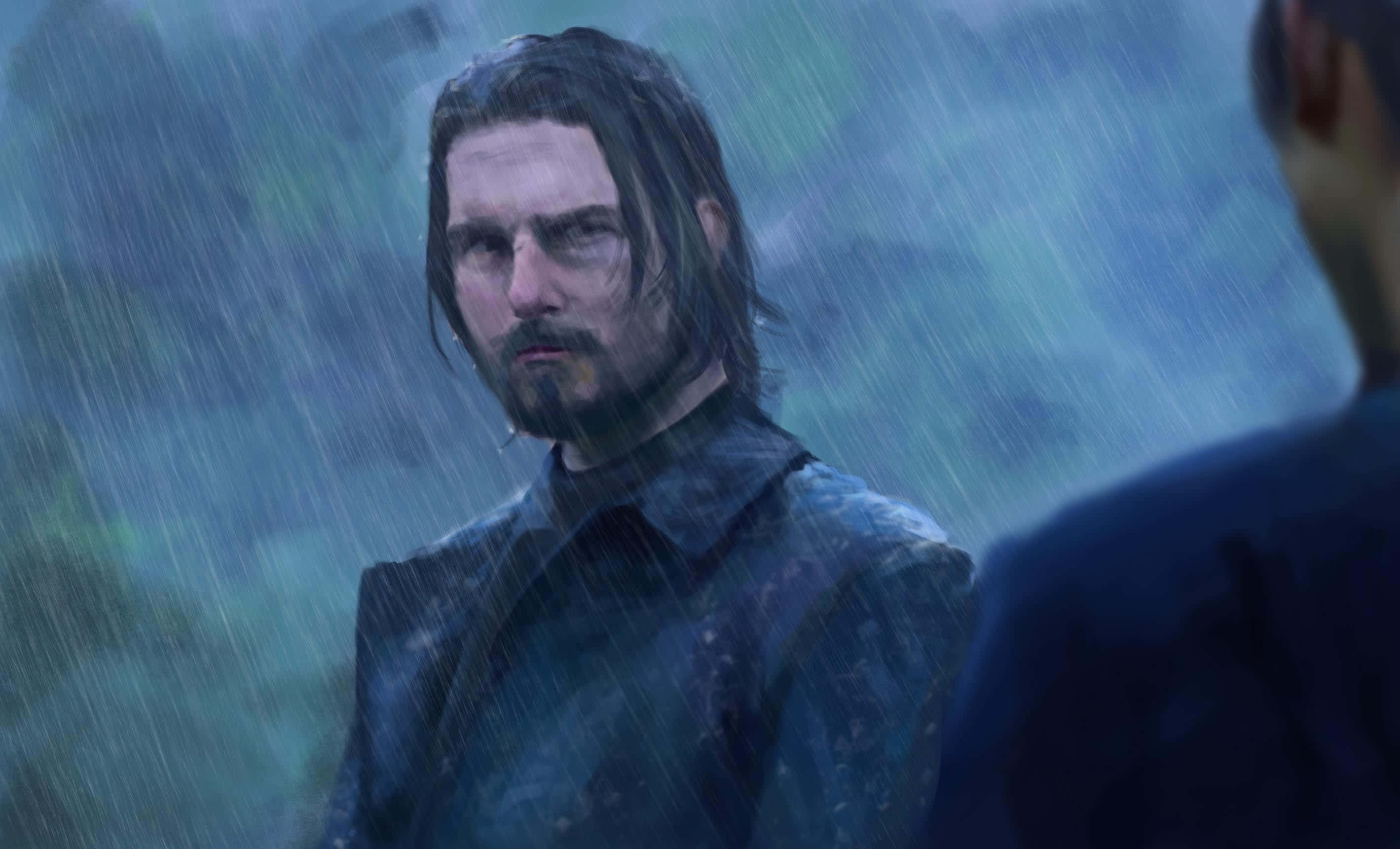 Samurai Movies 桌布 壁紙 — 一個頭髮濕透、留鬍鬚的男人站在大雨中，專注地凝視著模糊森林背景中的另一個人。