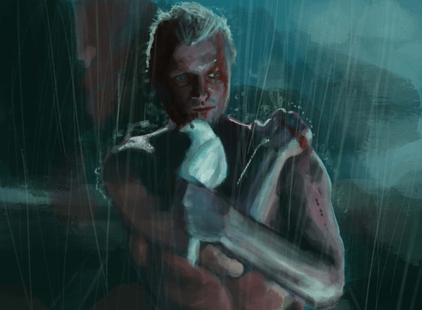 actor 桌布 壁紙 — 一個頭髮濕透的男人站在大雨中，抱著一隻白鳥，背景是深藍綠色。