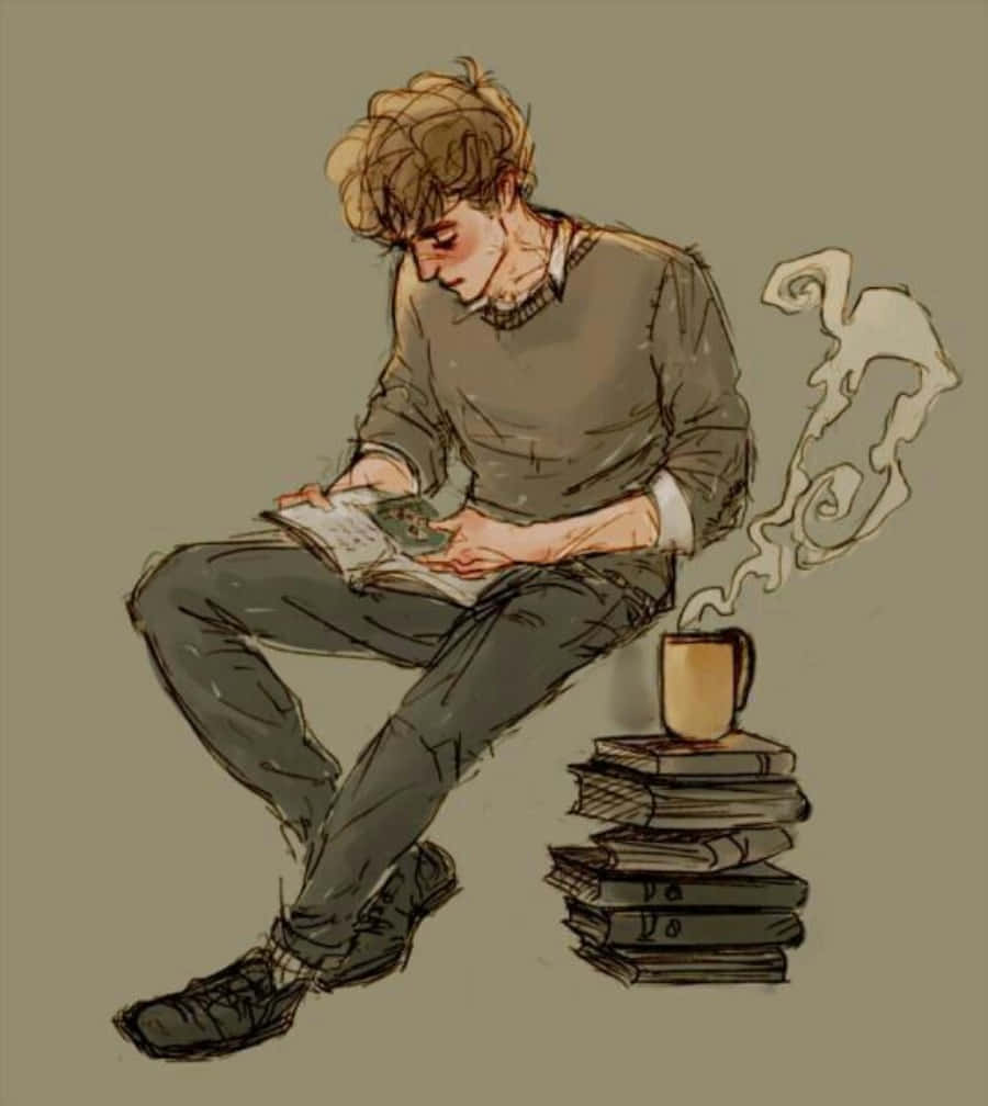 Harry Potter Profile 桌布 壁紙 — 一個頭髮蓬鬆的年輕男子盤腿坐在一堆書旁，旁邊放著一個冒著熱氣的杯子，正在看書。