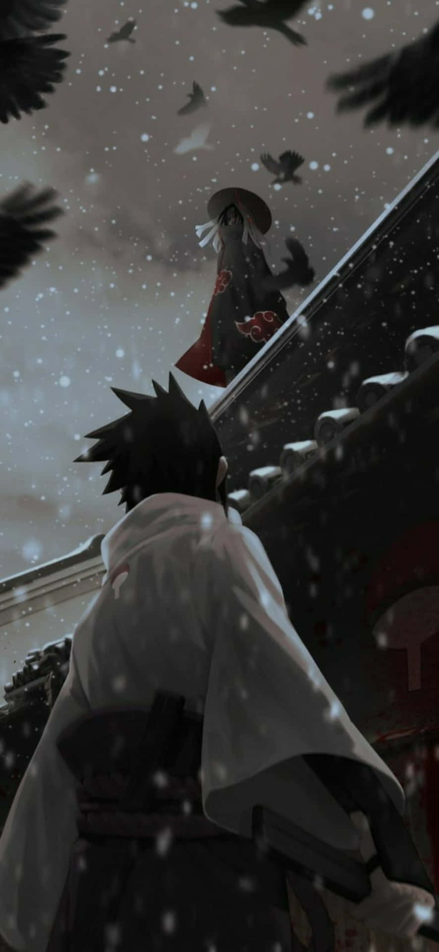 Akatsuki Poster 桌布 壁紙 — 一個頭髮豎立的忍者身穿白色長袍，抬頭望向雪屋頂上一個披著斗篷的身影，鳥兒在飄雪中飛翔。
