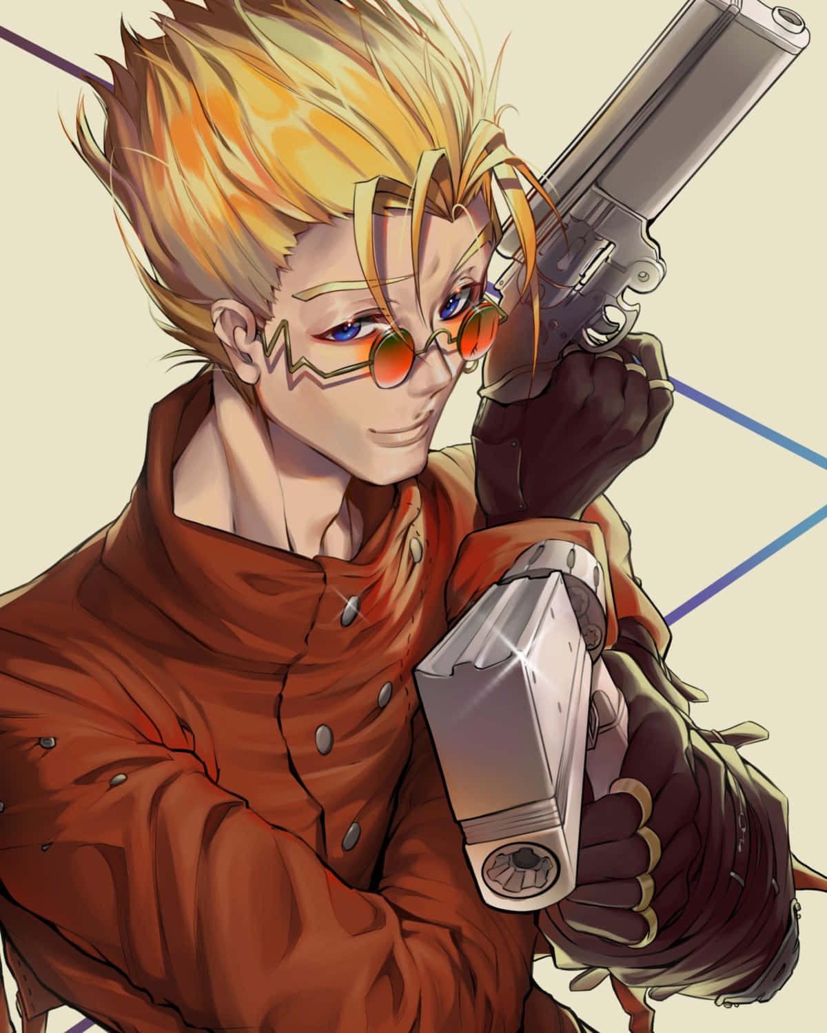 Vash The Stampede 桌布 壁紙 — 一個頭髮豎起、戴紅色眼鏡的動漫角色，在純色背景前手持兩把手槍。