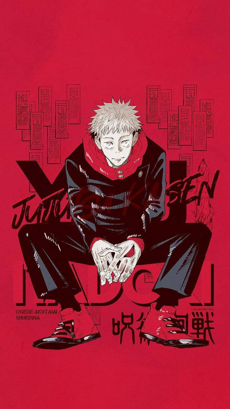 咒術迴戰 桌布 壁紙 — 一個頭髮豎起、戴著紅色圍巾的動漫男孩，盤腿坐在大膽的紅色背景上，背景有日文字和風格化字體。