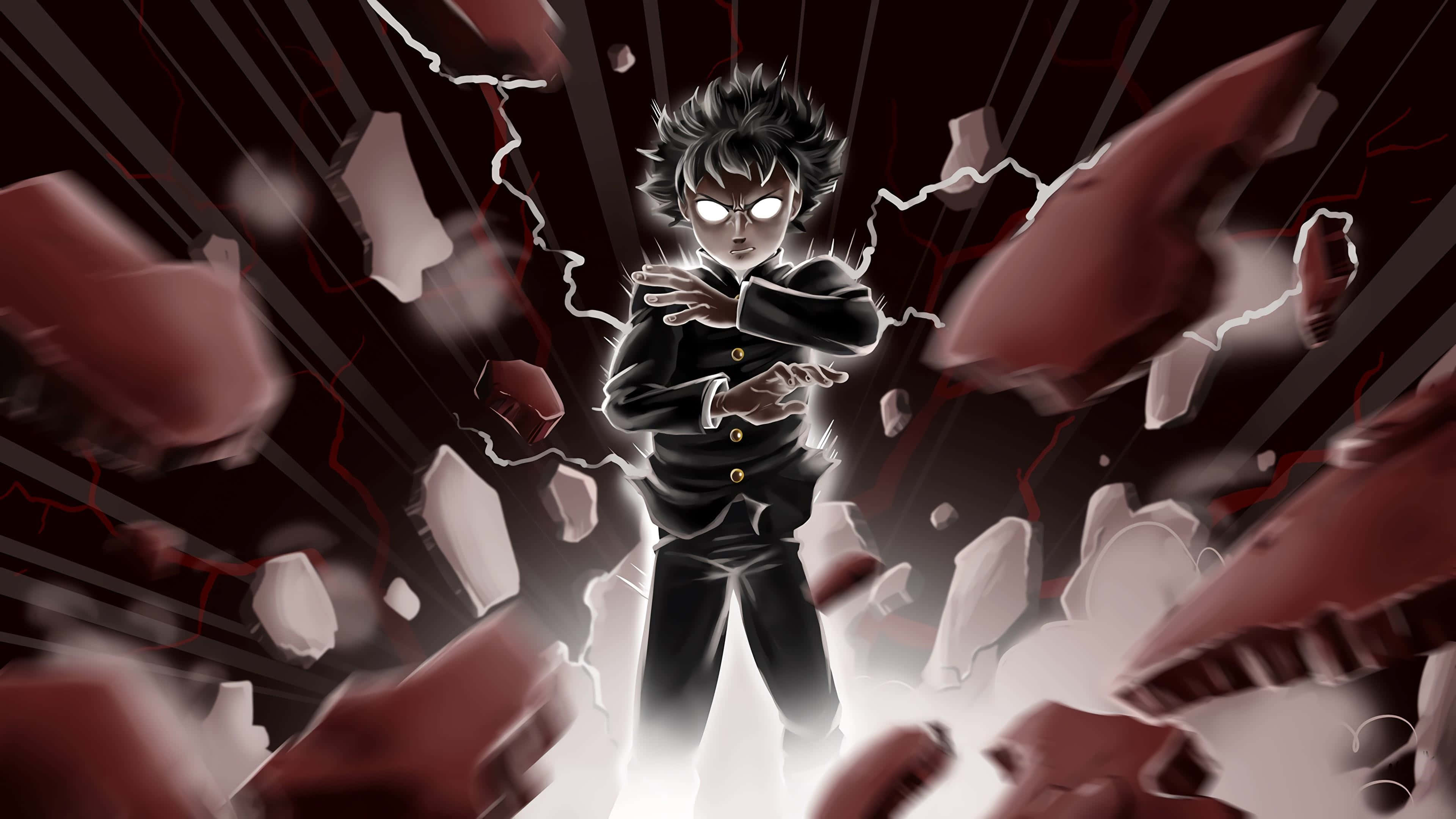 路人超能100 桌布 壁紙 — 一個頭髮豎起、眼睛發出白光的動漫男孩，在黑暗背景下，破碎的紅色和白色碎片在他周圍爆炸，他挑釁地站著。