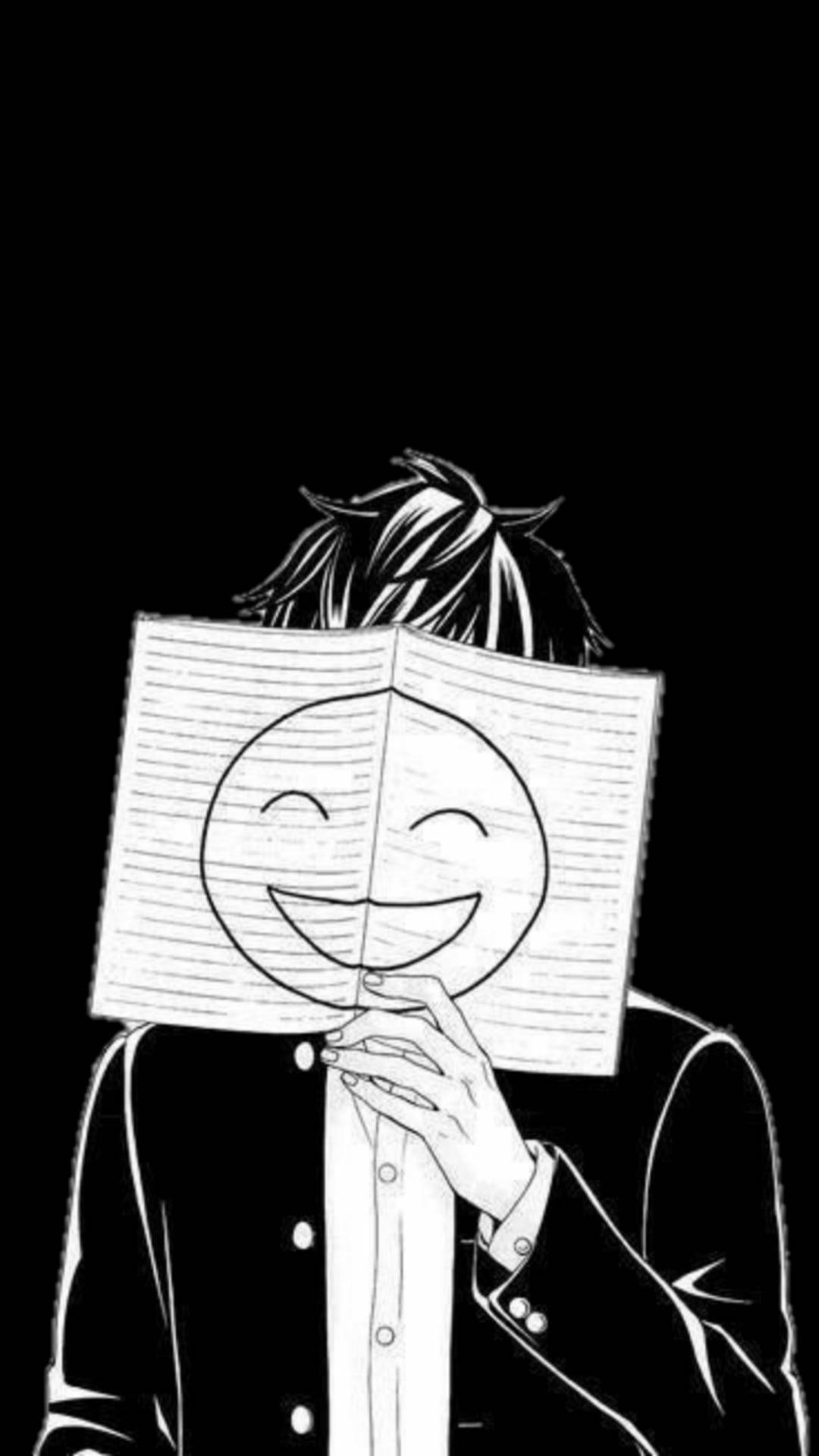 Sad Depressing 桌布 壁紙 — 一個頭髮豎起的人拿著一本畫有笑臉的橫線筆記本遮住自己的臉，背景為黑色。