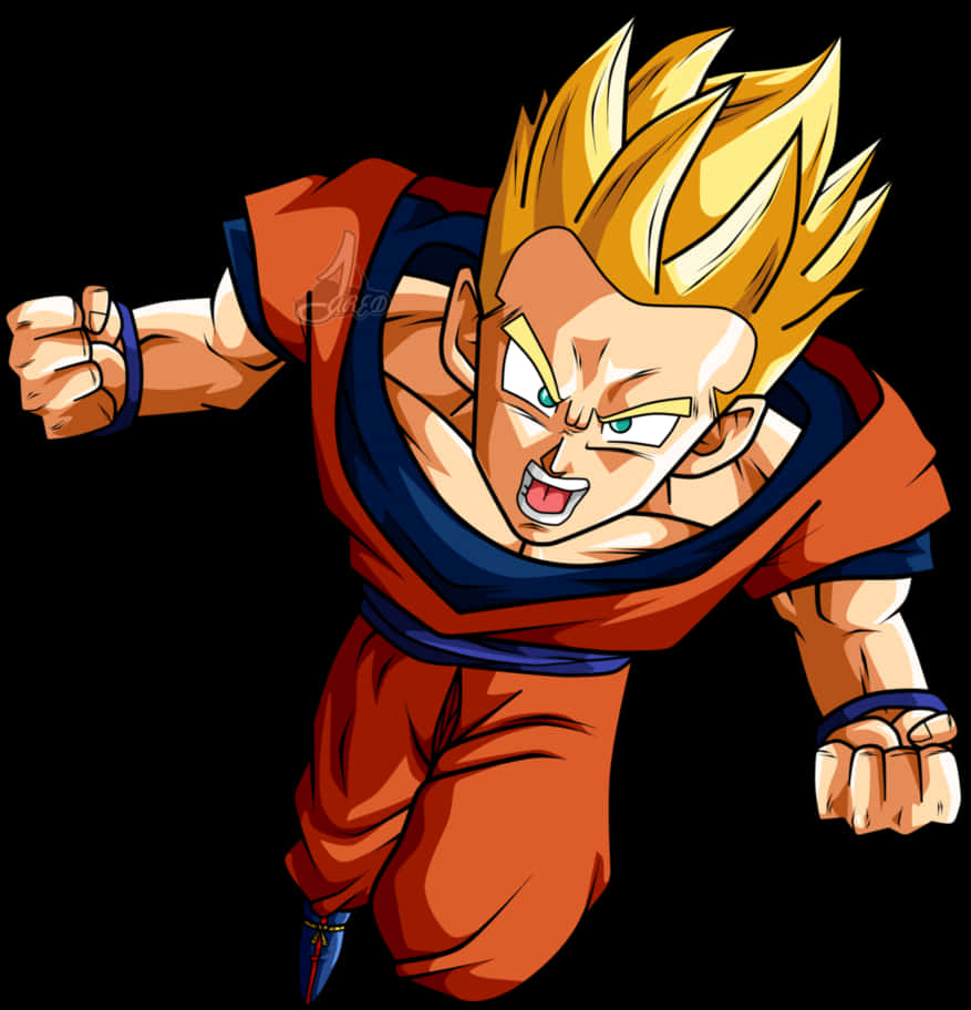 Anime Character 桌布 壁紙 — 一個頭髮豎起的動漫戰士，身穿橙色道服，握緊拳頭，在黑色背景前向前衝刺。