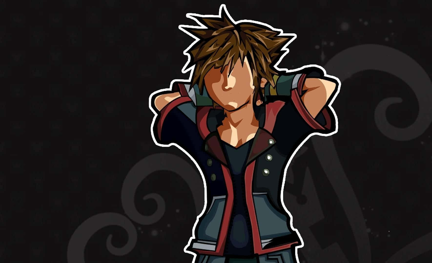 Kingdom Hearts Sora 桌布 壁紙 — 一個頭髮豎起的動漫男孩，穿著紅色鑲邊外套，自信地站在黑暗旋轉的背景前。