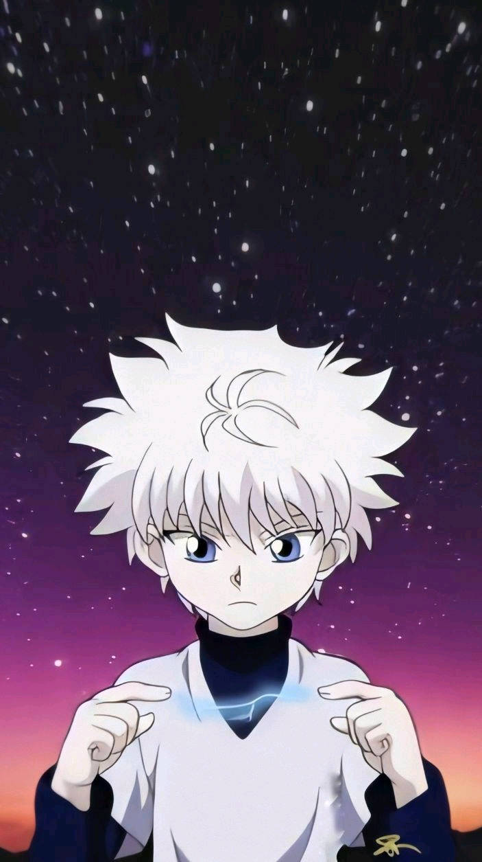 動漫男孩 桌布 壁紙 — 一個頭髮豎起的動漫男孩，藍色眼睛，在繁星點點的暮色天空中，指向手指間發光的能量。