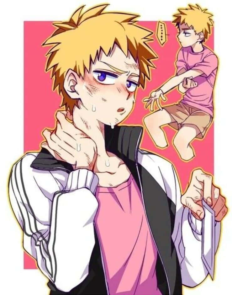 Teruki Hanazawa 桌布 壁紙 — 一個頭髮豎起的動漫男孩，藍色眼睛，看起來慌張出汗，而一個較小的自己漂浮在他身後。