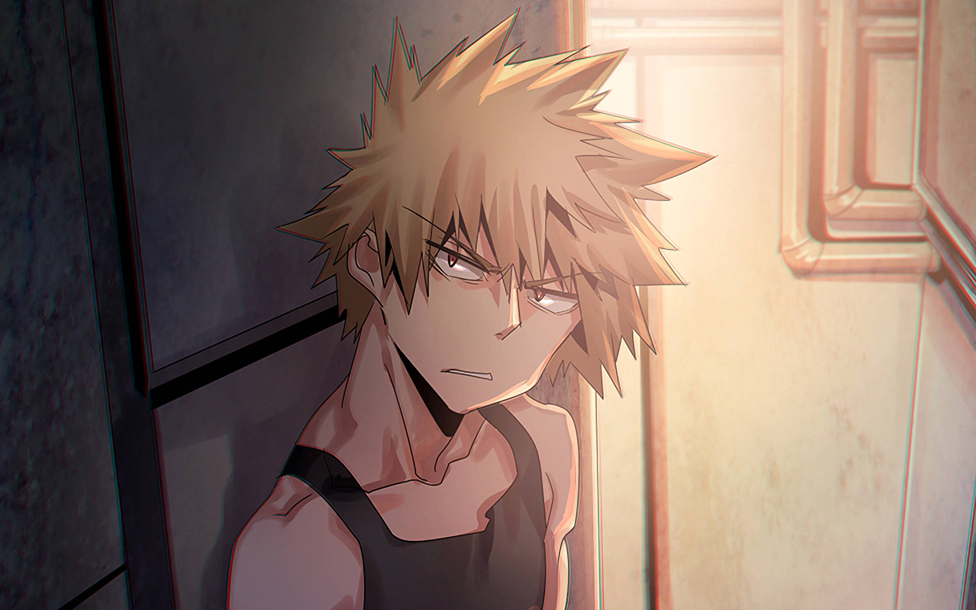 Bakugo 桌布 壁紙 — 一個頭髮豎起的動漫男孩，表情嚴肅，靠在沐浴在溫暖金色光線中的門口。