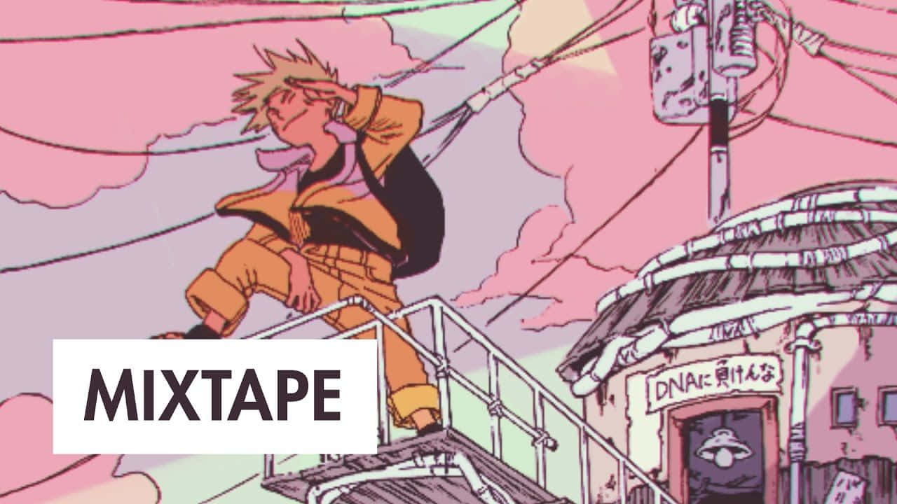 Naruto Alone 桌布 壁紙 — 一個頭髮豎起的動漫男孩，身穿橙色連身衣，在粉紅色天空下攀爬金屬平台，附近有電線和一座古怪的建築物。